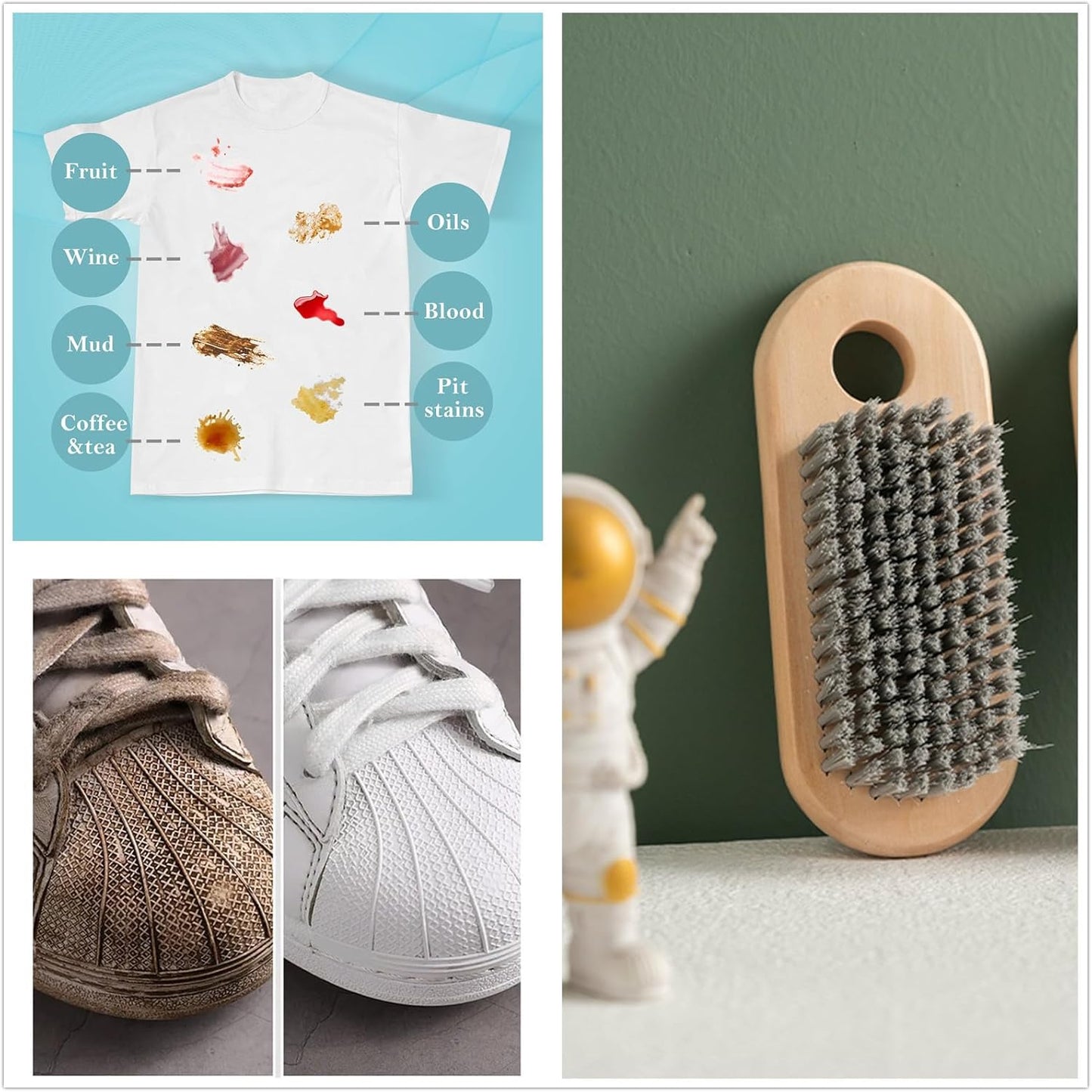 2 Pcs Wood Laundry Brush, Clothing Stain Remover Scrubber, Soft Bristle for Scrubbing Out Tough on Delicate, Easy to Grip Hand Washing Clothes