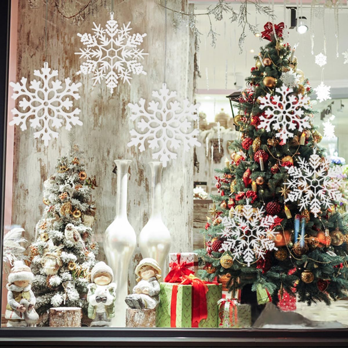 12pcs Large Christmas Snowflakes Decorations, 12" Big Plastic Glitter White Snowflake Ornaments for Winter Indoor Outdoor Christmas Tree Holiday Window Room Decor Craft Snowflakes