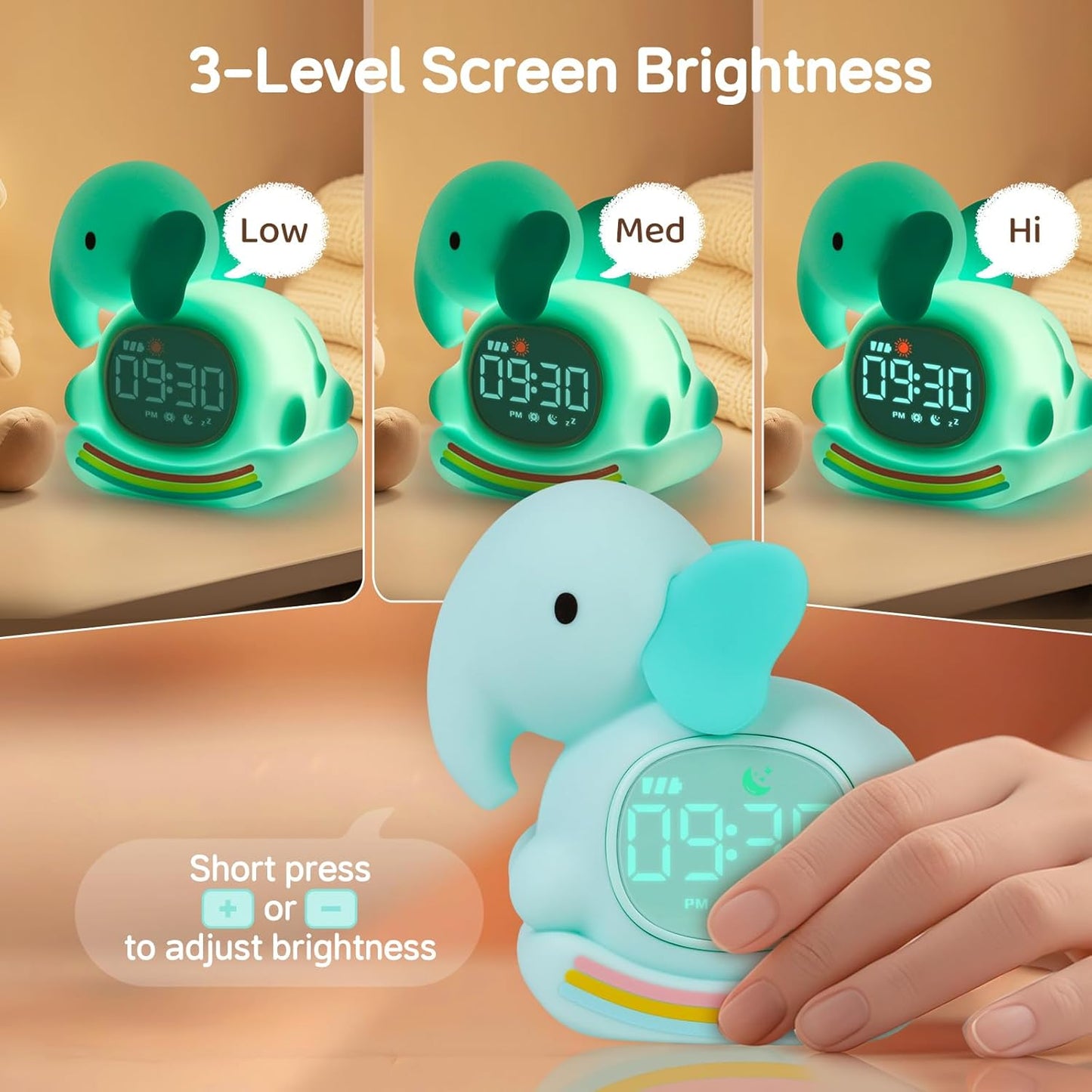 Alarm Clock for Kids with Night Light, Sleep Training Clock Time to Wake Clock, Rechargeable Silicone Light for Bedroom, Perfect Sleep Companion for Boys Girls, Green Elephant