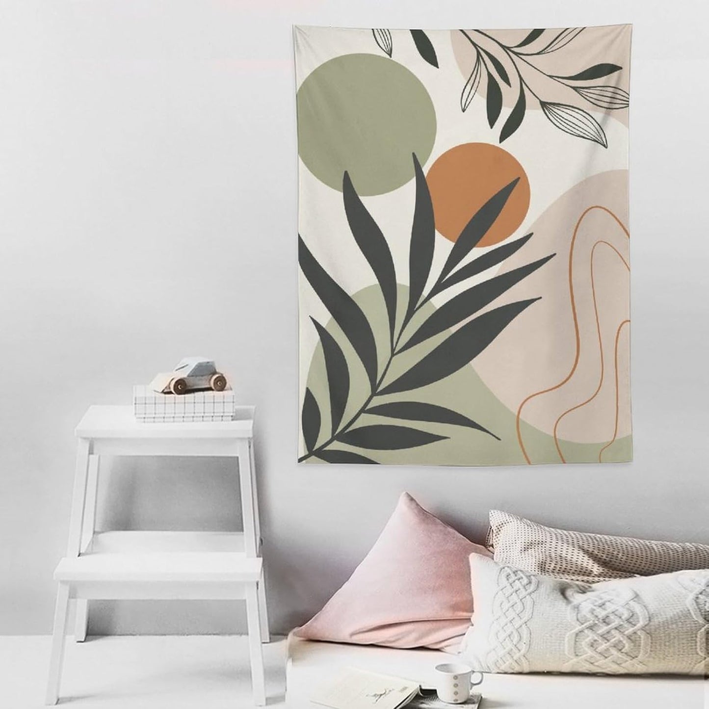 Abstract Bohemian Mid Century Tapestry, Tropical Leaves Modern Geometric Archway Minimalist Bohemian Botanical Aesthetic Wall Hanging, Sage Green Gold Home Decor Art for Bedroom 40x60 Inch