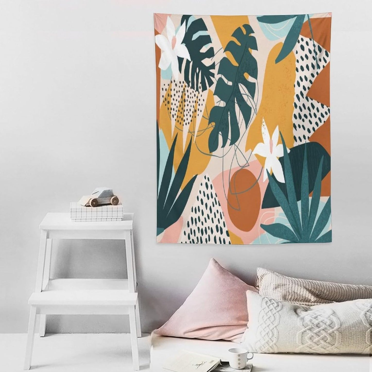Abstract Bohemian Mid Century Tapestry, Tropical Leaves Modern Geometric Archway Minimalist Bohemian Botanical Aesthetic Wall Hanging, Sage Green Gold Home Decor Art for Bedroom 50x60 Inch