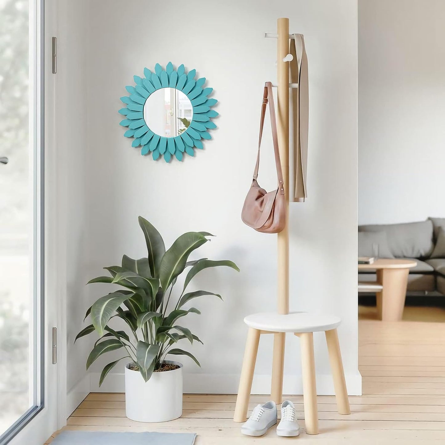 Honiway Beach Wall Decor Mirror 12 inch Wood Coastal Wall Decor Sunburst Boho Home Decor Room Decor for Bedroom Living Room Bathroom Cyan