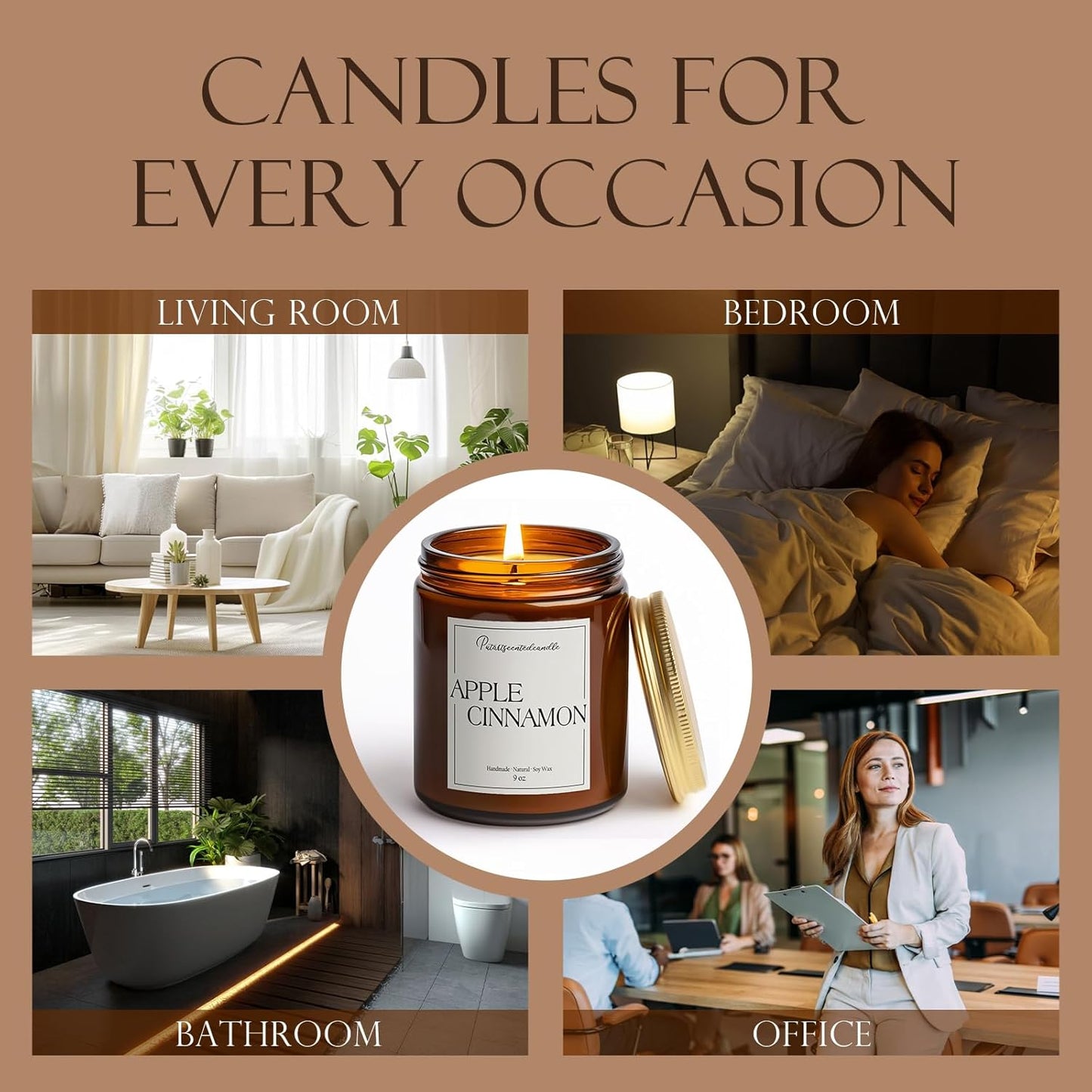 Cinnamon Apple Scented Candles for Home, Natural Soy Wax Aromatherapy Candle Gifts for Men & Women, Highly Scented & Long Lasting Non Toxic Jar Candle for Stress Relief (9oz)