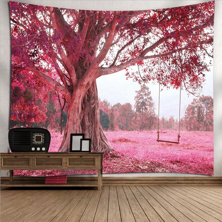 FENDROM Autumn Pink Flower Tapestry Window View Wall Hanging, Nature Forest Floral Trees Garden Scenic Tapestries for Living Room Home Office Dorm