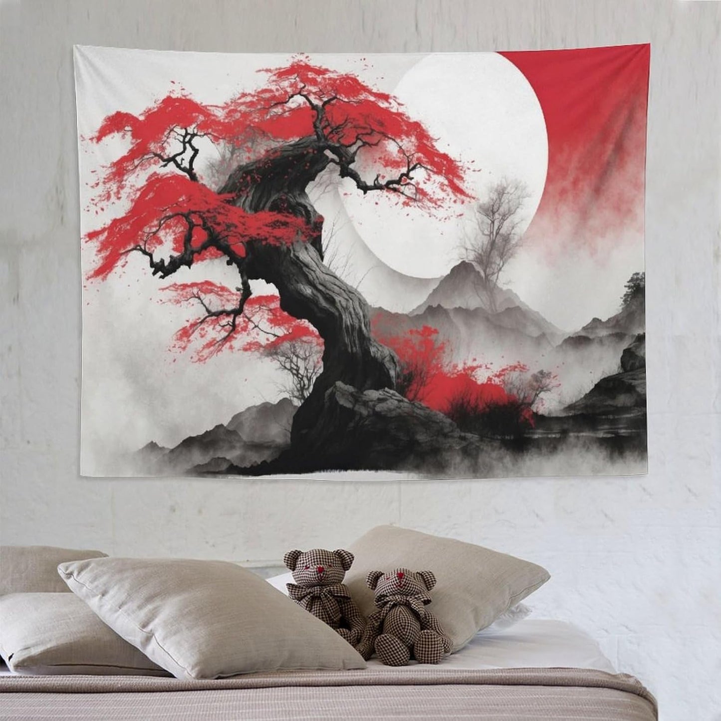 Cherry Blossoms Tapestry,Japanese Red Landscape Asian Watercolor Abstract Art Tapestry,Japanese Wall Tapestry, Nature Landscape Tapestries for Bedroom Living Room Decor 80"x60"