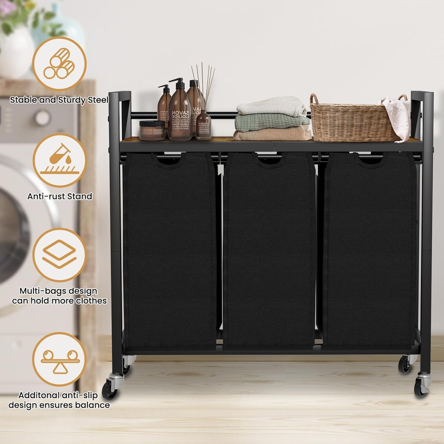 Laundry Hamper, Laundry Basket, Laundry Sorter with 3 Removable Bags, Clothes Basket with 3 Compartments, Wheels, Shelf for Laundry Room Bathroom Bedroom (3 Bags-Black)