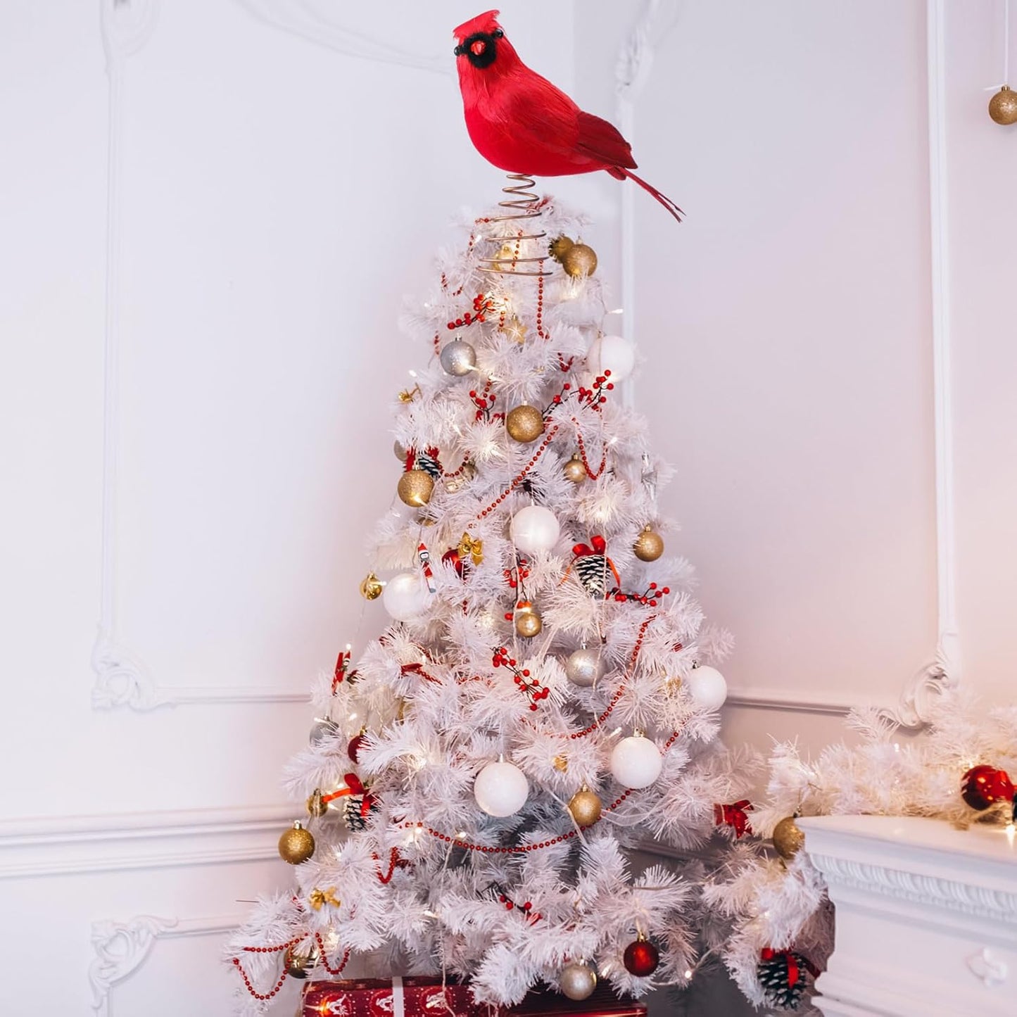 Retisee 11.8'' Cardinal Christmas Tree Topper Red Cardinal Christmas Tree Decoration Red Bird Christmas Tree Ornaments Artificial Feather Flocked Christmas Ornaments for Christmas Wedding Party Decor