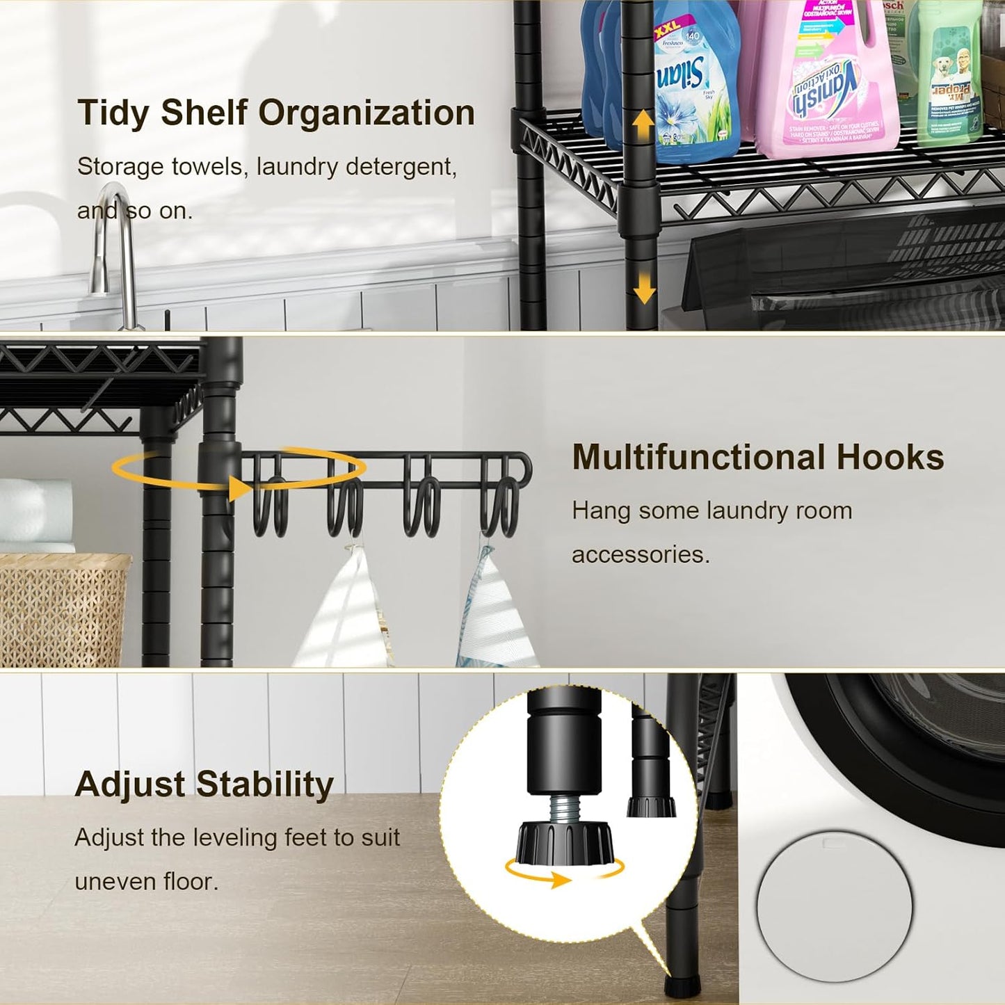 Ulif U8 Mini Laundry Room Storage Organizer, Over the Washer and Dryer Storage Shelves for Laundry Organization, 29.5”W x 17.3”D x 76.2”H, Suit Washing Machine Width within 27.1”, Hold 304 lb, Black