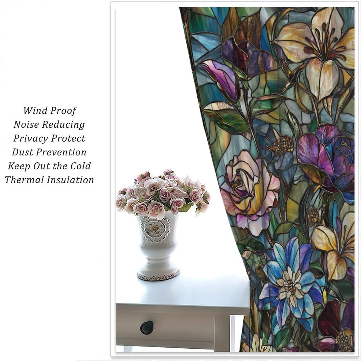 Stained Glass Curtains,Retro Colored Glass Flowers Art Home Decor Drapes for Bedroom Living Room Kitchen Window Treatment 2 Panels Set Total Size 42" W X 63" L Inch