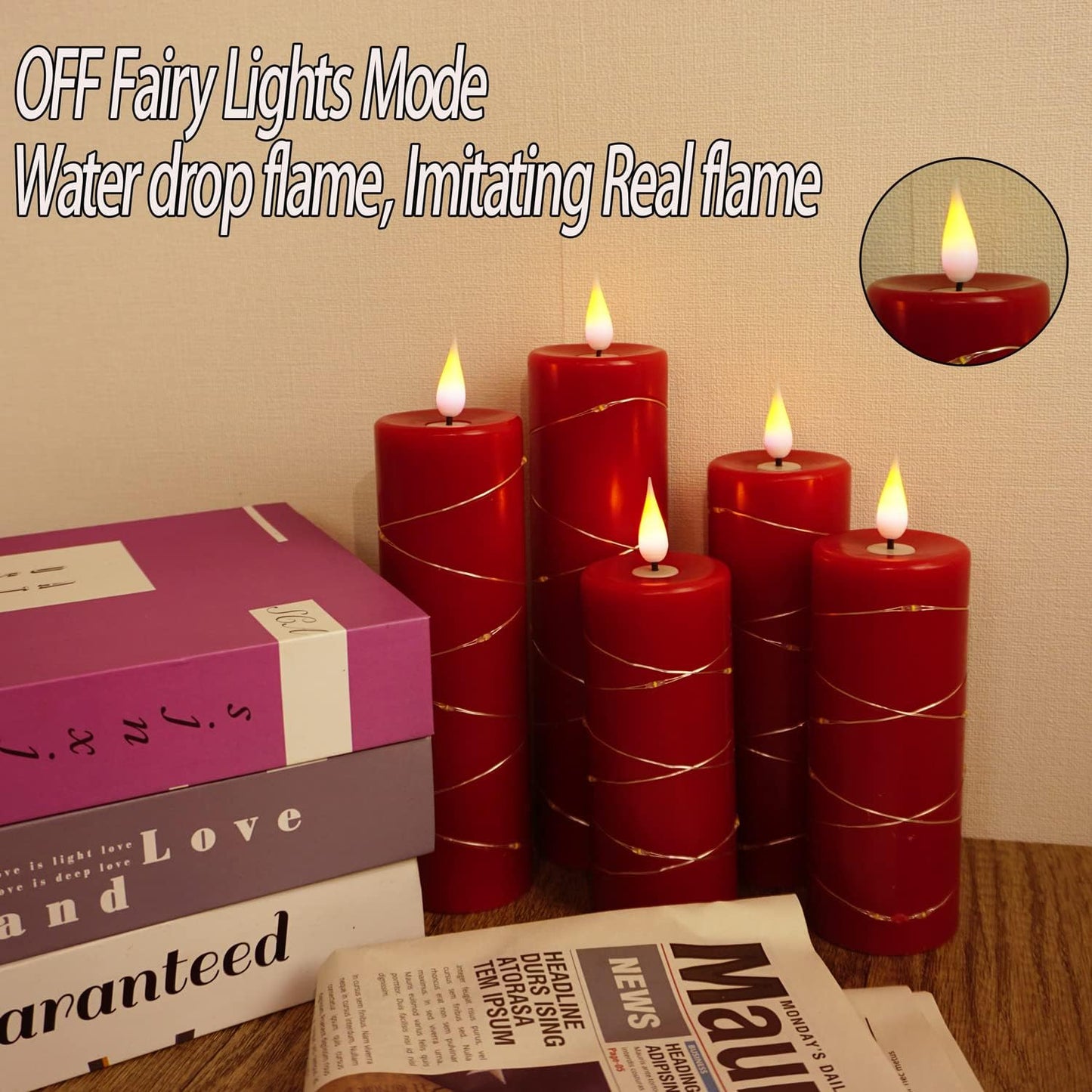 Red Flameless Candle with Remote Control LED Candle with String Lights Battery Powered Flameless Candle4'' 5'' 6'' 7'' 8'' Candles of 5 Pcs