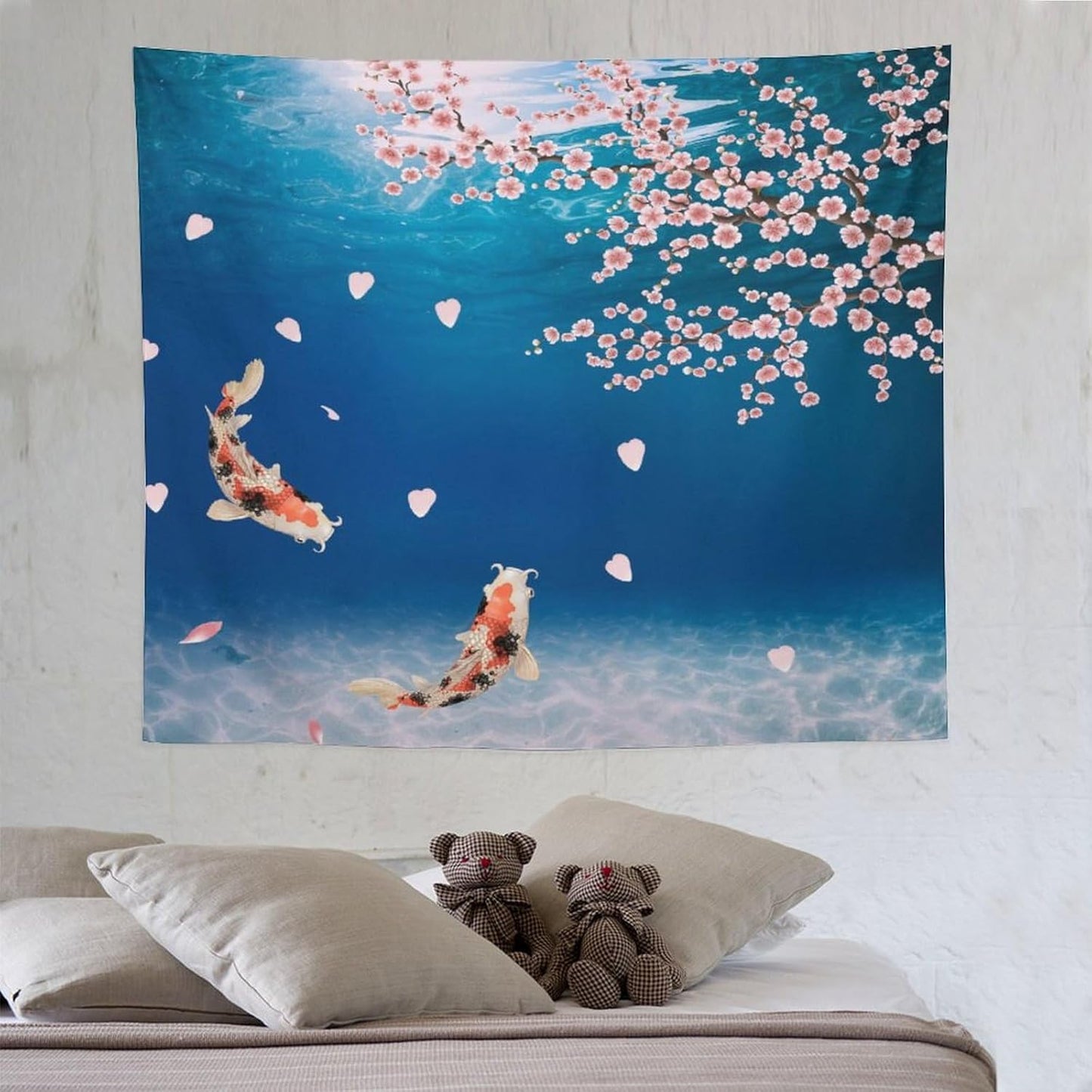 Japanese Koi Fish Tapestry, Cherry Blossoms Asian Oriental Blue Floral Branch Koi Fish Carp Tapestries Wall Hanging for Bedroom Living Room Office Decor 60"x50"
