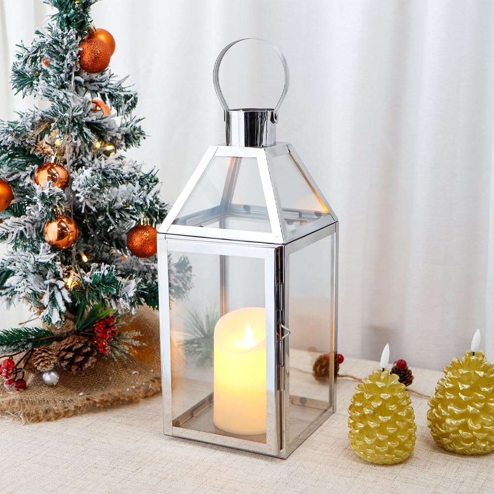 JHY Design Silver Decorative Lanterns 16inch High Stainless Steel Candle Lanterns with Tempered Glass for Indoor Outdoor Events Parities and Weddings