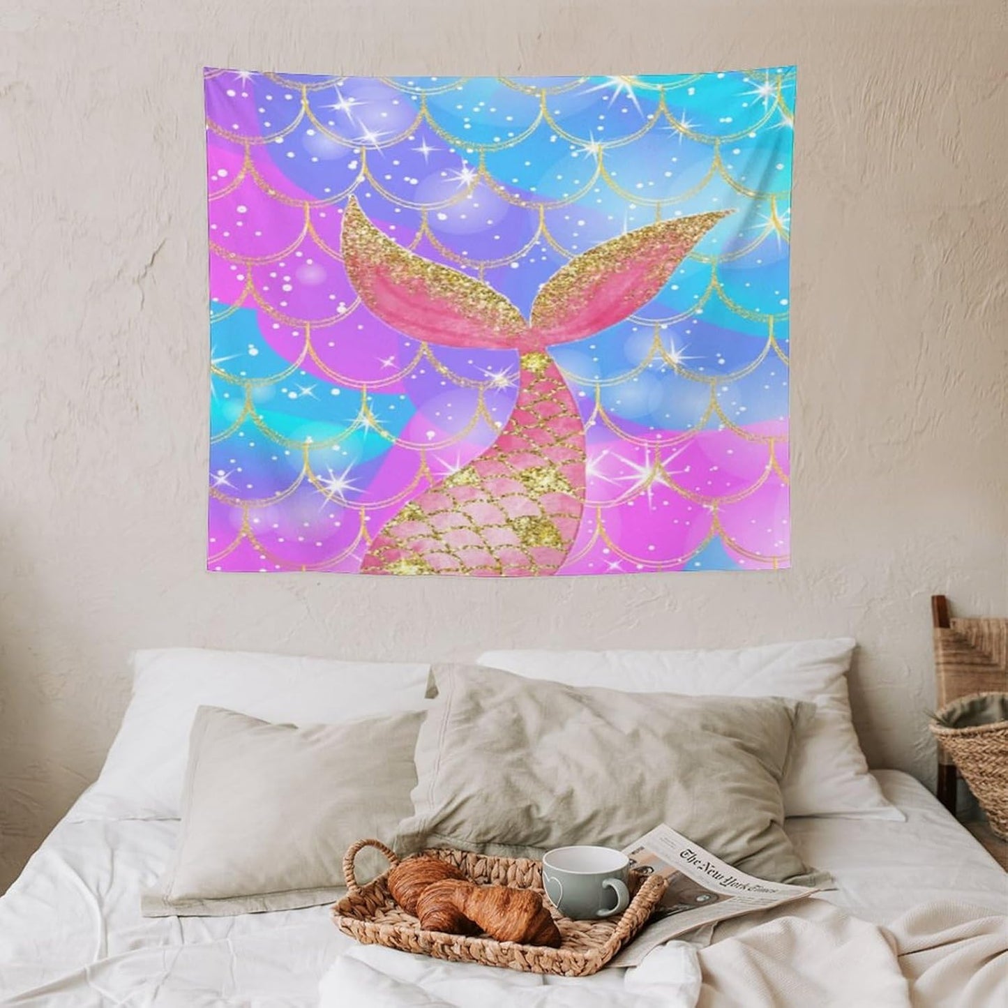 HZOHNAGO Mermaid Scales Tapestry Colorful Shiny Scales Mermaid Tail Pattern Printed Wall Tapestry Wall Hanging for Bedroom Living Room Dorm 60" W x 50" H