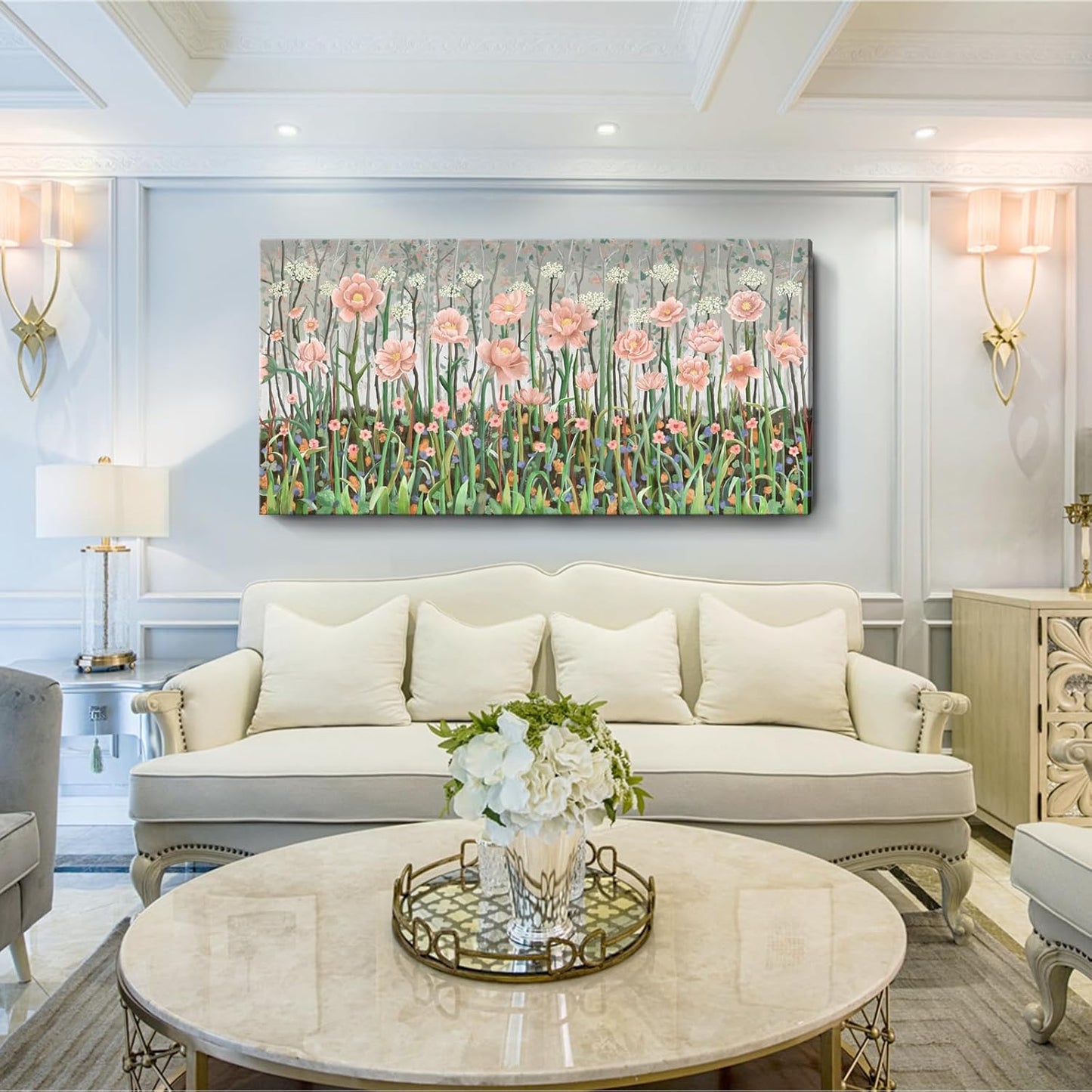 amatop Extra Large Floral Wall Picture for Living Room Modern Botanical Canvas Prints Flower Field Wall Decor Abstract Nature Art Wildflower Garden Pink Green Stretched Artwork Bedroom Office 58x29 in