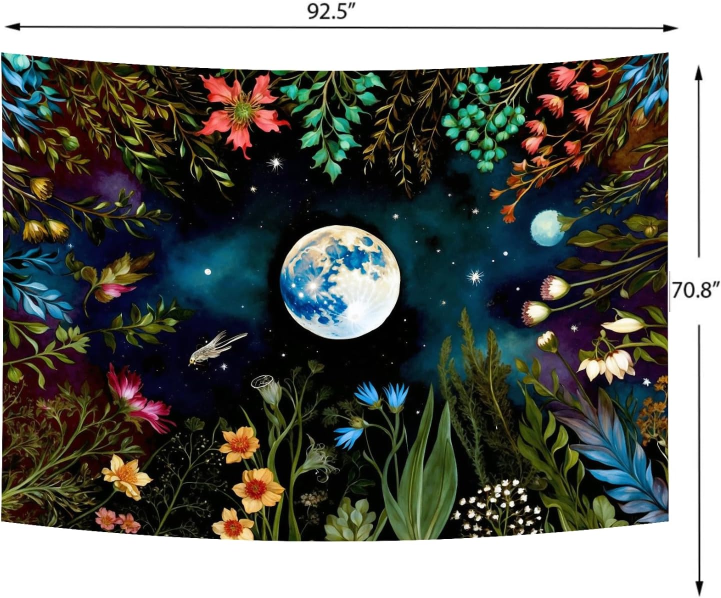 Delur Moonlit Garden Tapestry Boho Moon Floral Plant Tapestry Wall Hanging Colorful Flower Botanical Nature Night Landscape Headboard for Bedroom Living Room Home Decor (70.8" x 92.5")