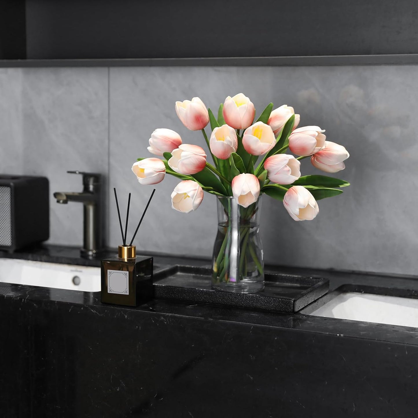 Light Pink Artificial Tulips, 2 Bundles 14Pcs, Fake Tulips Artificial Flowers, 2 x 2.4 Inch Large Flower Head Big Tulip, Easter Valentine's Day Mother's Day Home Decoration Flowers