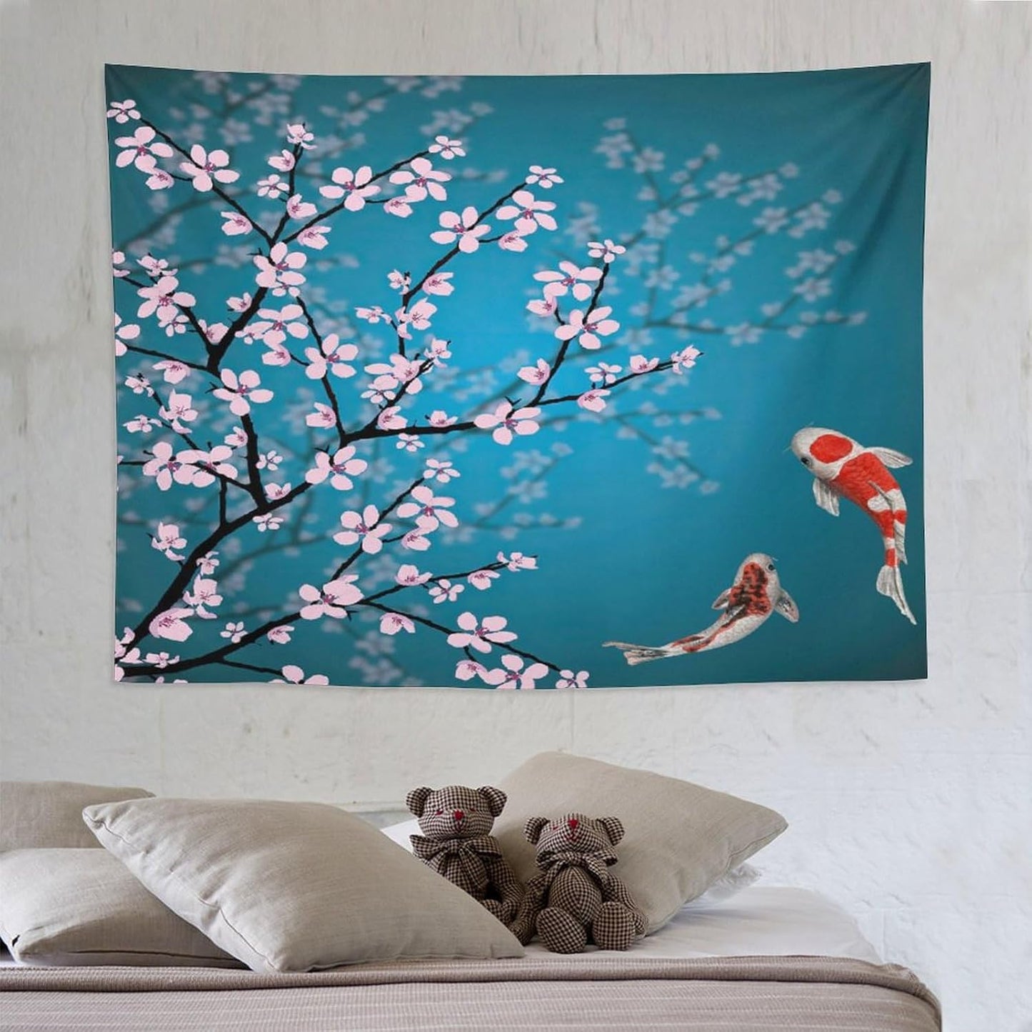 Houselerax Japanese Koi Fish Tapestry, Cherry Blossoms Asian Oriental Green Teal Flower Branch Koi Fish Carp Tapestries Wall Hanging for Bedroom Living Room Office Decor 80"x60"