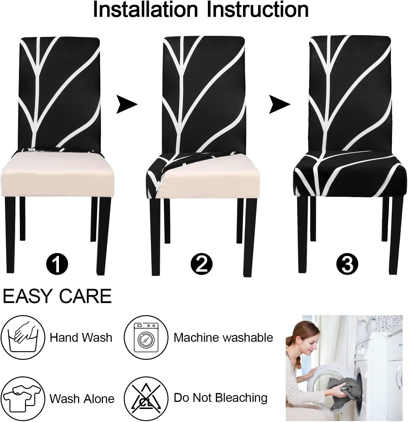 JQinHome Black Chair Covers for Dining Room Set of 4, High Stretch Removable Washable Parsons Chair Slipcover for Home Party Hotel Wedding Ceremony (4PCS, Geometric)
