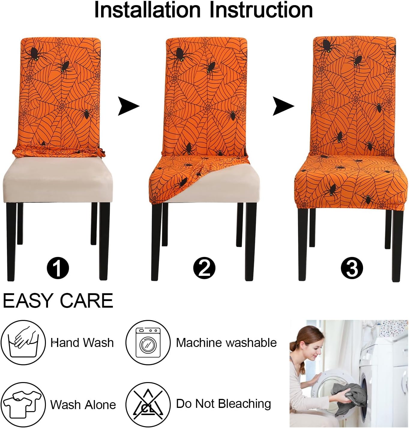 JQinHome Halloween Orange Dining Chair Slipcover, Spider Web Chair Covers Set of 6 ,High Stretch Washable Chair Protector Cover for Dining Room, Kitchen,Home Party,Wedding Ceremony(Orange, 6PC)
