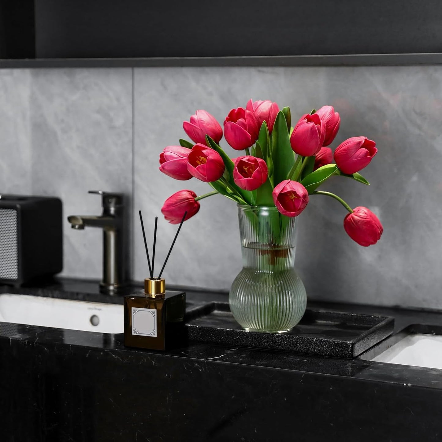 Rose Red Artificial Tulips, 2 Bundles 14Pcs, Fake Tulips Artificial Flowers, 2 x 2.4 Inch Large Flower Head Big Tulip, Easter Valentine's Day Mother's Day Home Decoration Flowers