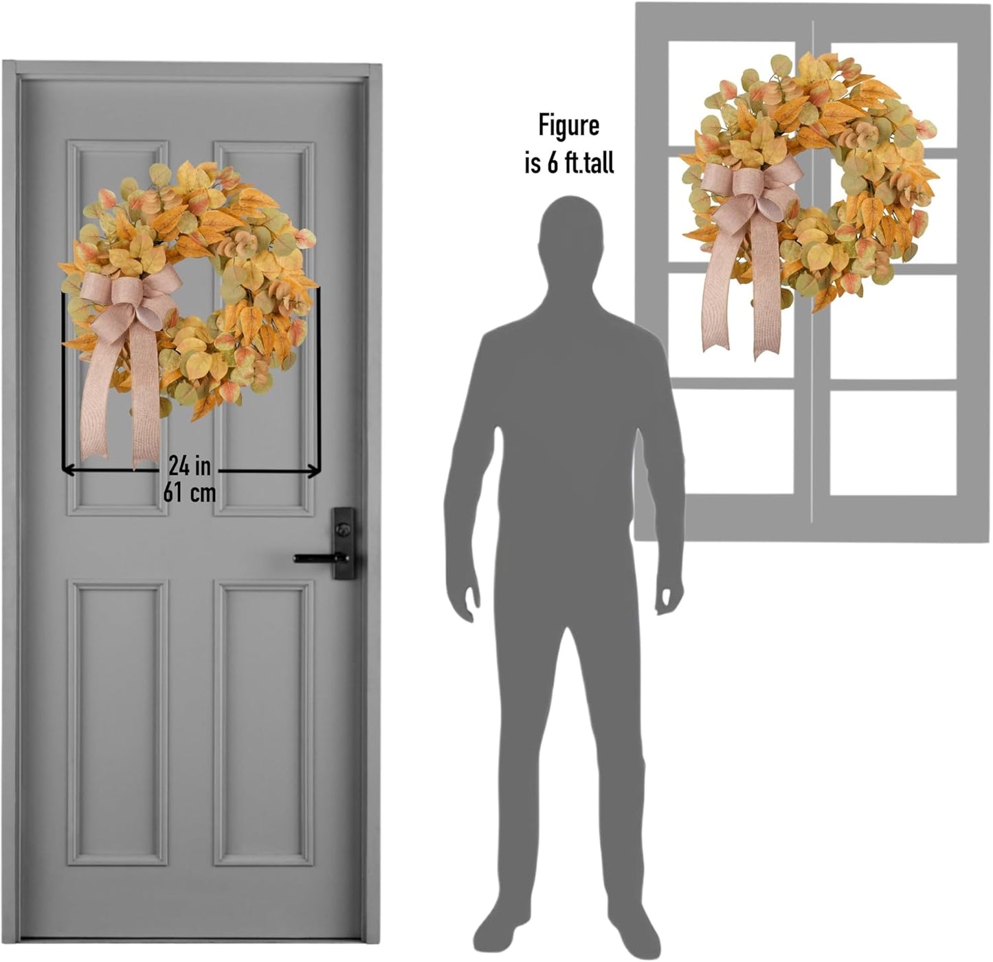 Fall Wreath for Front Door 24 Inch, Autumn Colored Faux Leaves Wreath with Bow, Simple & Minimalist Fall Decoration for Home Farmhouse Door Wall Window Indoor/Outdoor