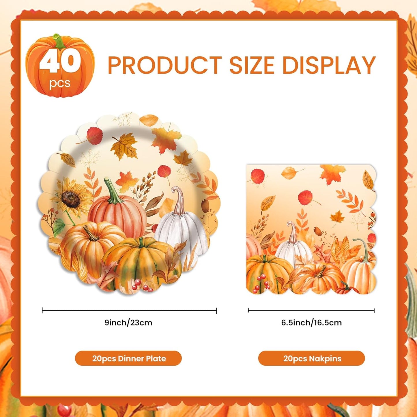 40 Pcs Fall Pumpkin Dessert Plates and Napkins Sets Autumn maple leaf 9" Paper dinner Plates and 6.5" Napkins Tableware For Fall Picnic Harvest Thanksgiving Day Party Decoration