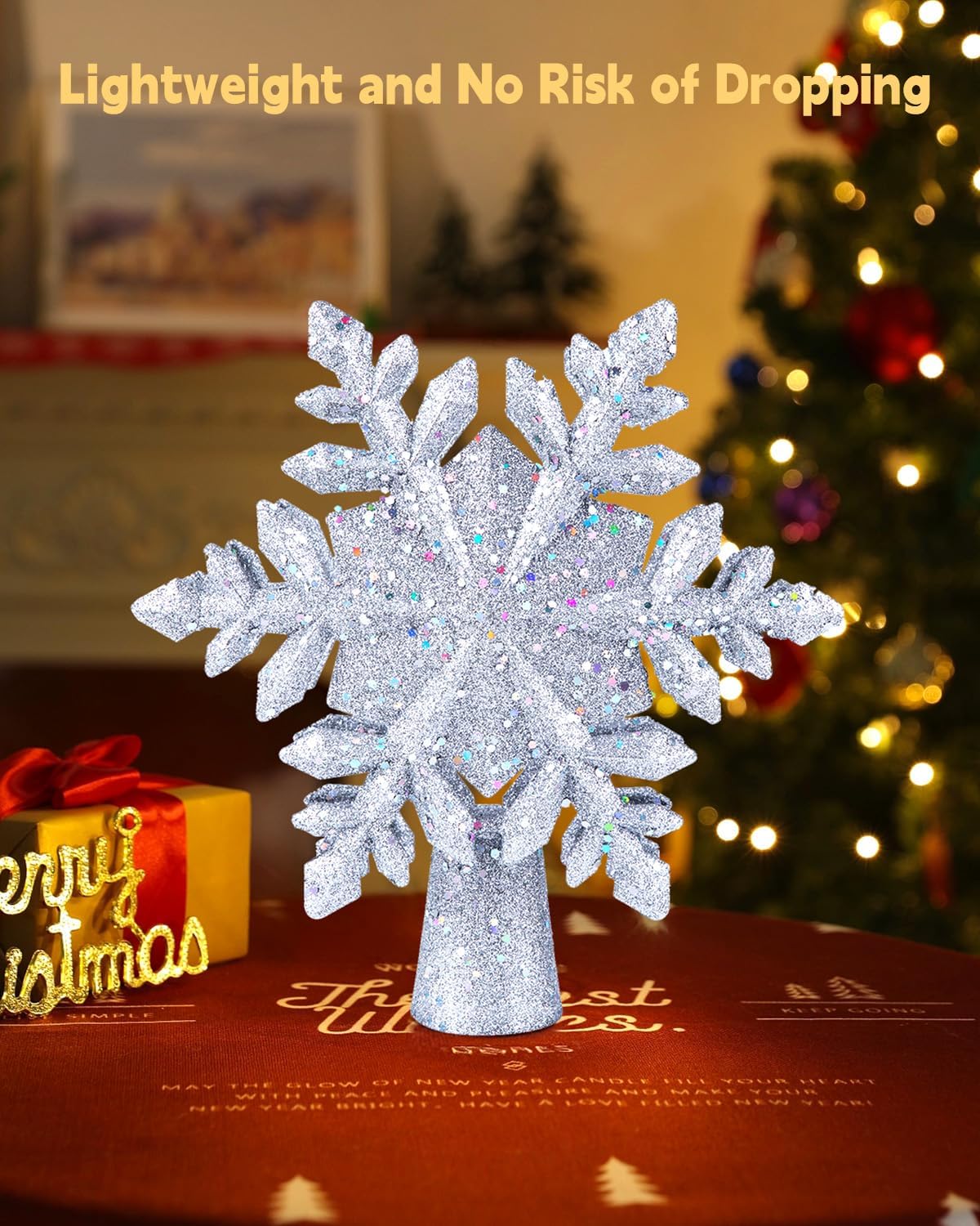 Christmas Tree Topper Lighted with Built-in Led Rotating Snowflake Projector Lights, 9.6” Hollowed Tree Topper with Silver Spangles Plug In for Indoor Home Xmas New Year Party Holiday Night Tree Decor