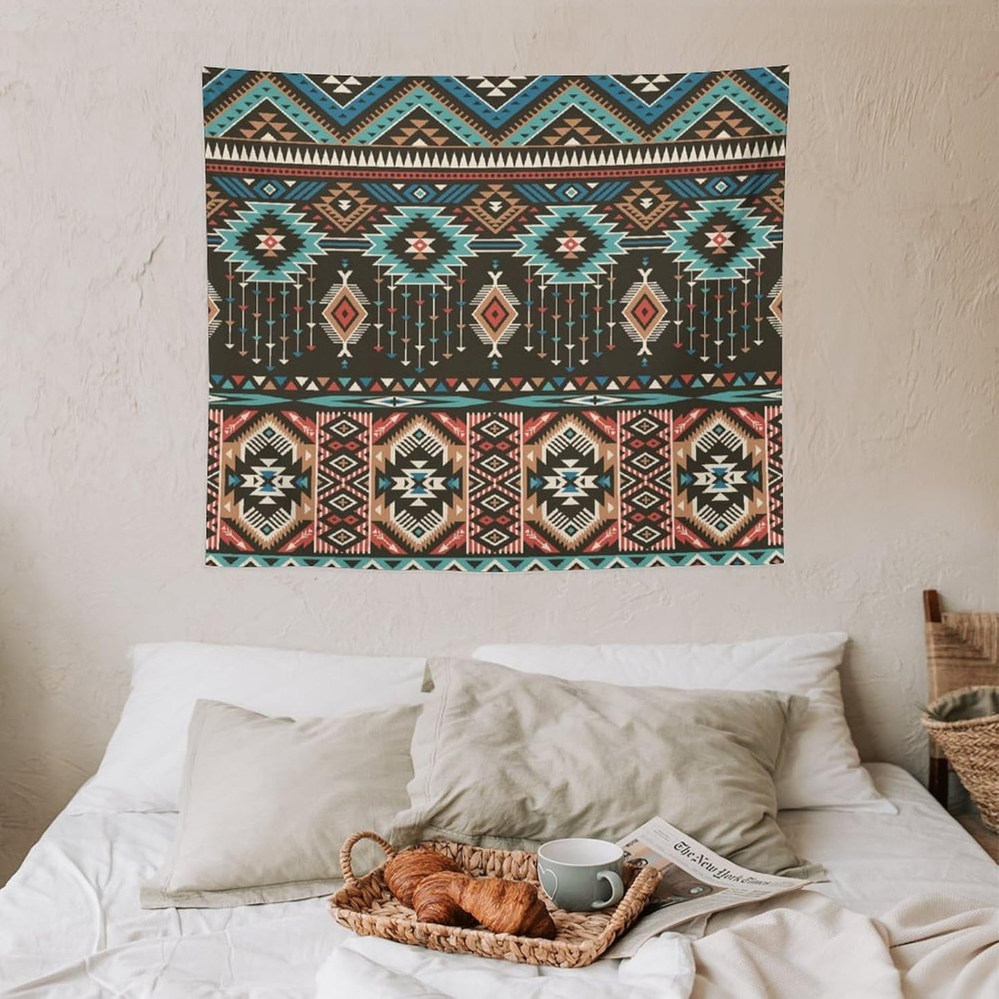 HZOHNAGO Aztec Tapestry Turquoise Blue and Brown and Native American Tribal Pattern Printed Wall Tapestry Wall Hanging for Bedroom Living Room Dorm 60" W x 50" H