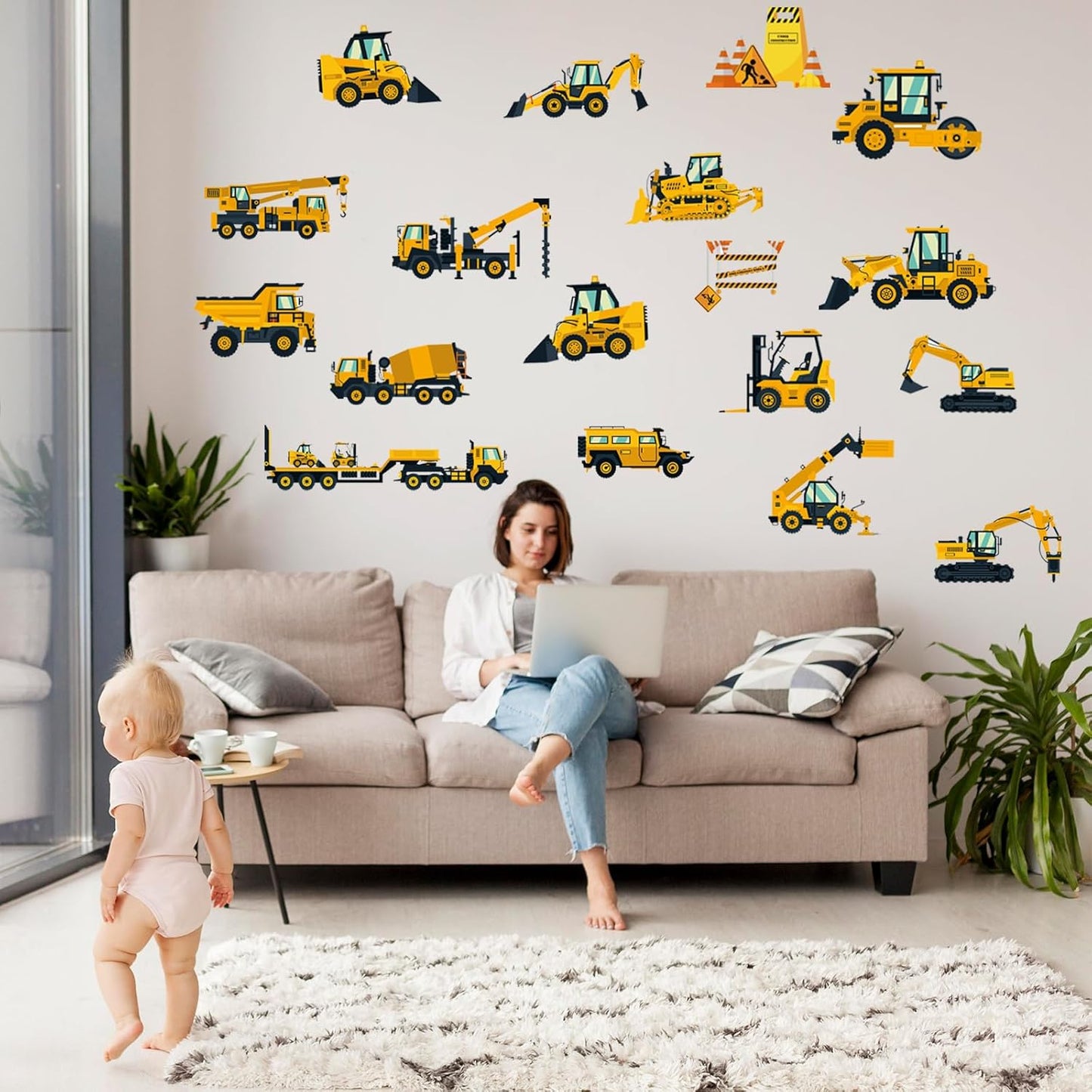 Wall Decals Stickers Construction Vehicles Wall Stickers Tractor Excavator Crane Wall Murals Peel and Stick Removable Wall Decor for Nursery Kid Boys Girls Bedroom Living Room Playroom Classroom