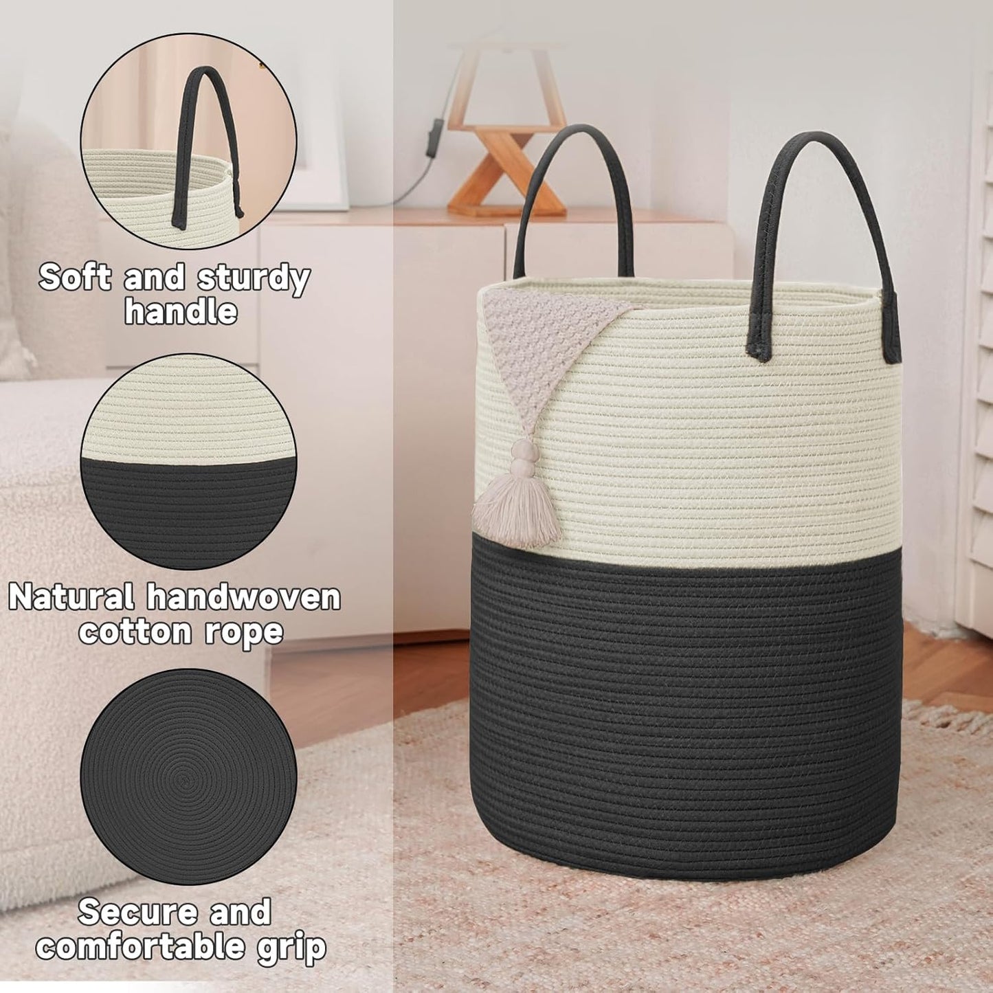 Large Woven Laundry Basket Hamper,100L Cotton Rope Storage Bin for Blankets,Toys and Clothes,Decorative Tall Nursery Hamper for Living Room,Baby Nursery,Bathroom and Bedroom,White and Black