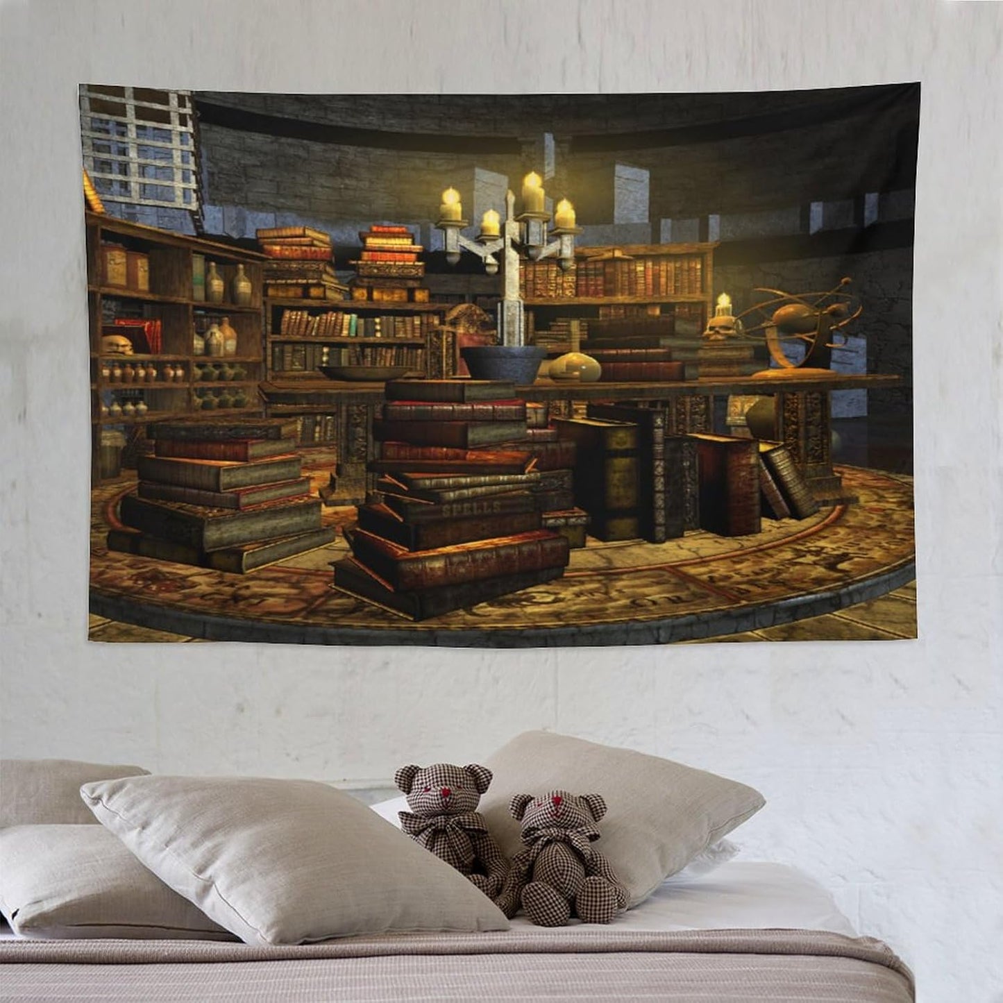 Kurtect Library Tapestry,Vintage Medieval Bookshelf Wooden Bookcase Antique Magic Art Tapestries for Party Beach Picnic Blankets Tablecloths Living Room Wall Deocr, 60x90 in