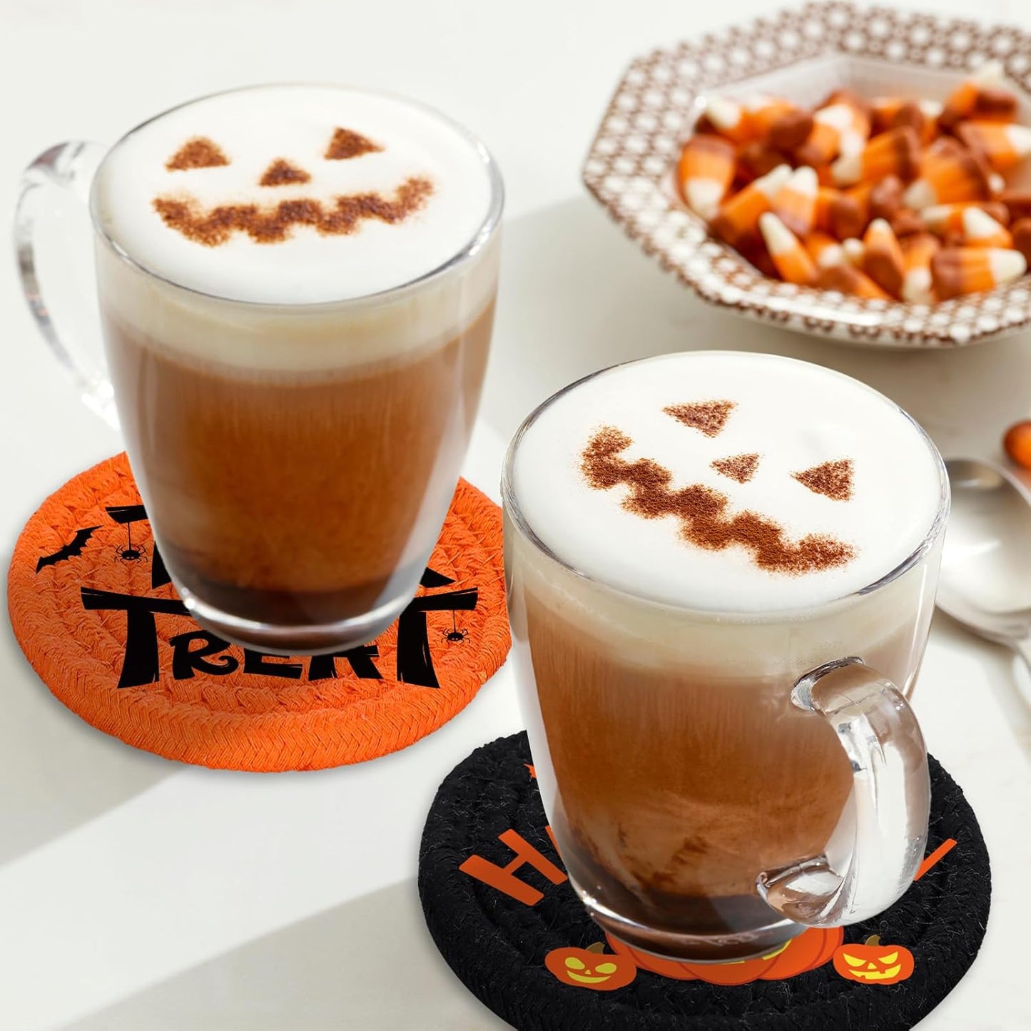 Whaline Happy Halloween Cotton Coasters Black Orange Pumpkin Face Handmade Braided Drink Coasters Absorbent Cup Mats for Trick or Treat Party Home Table Decor, Set of 4