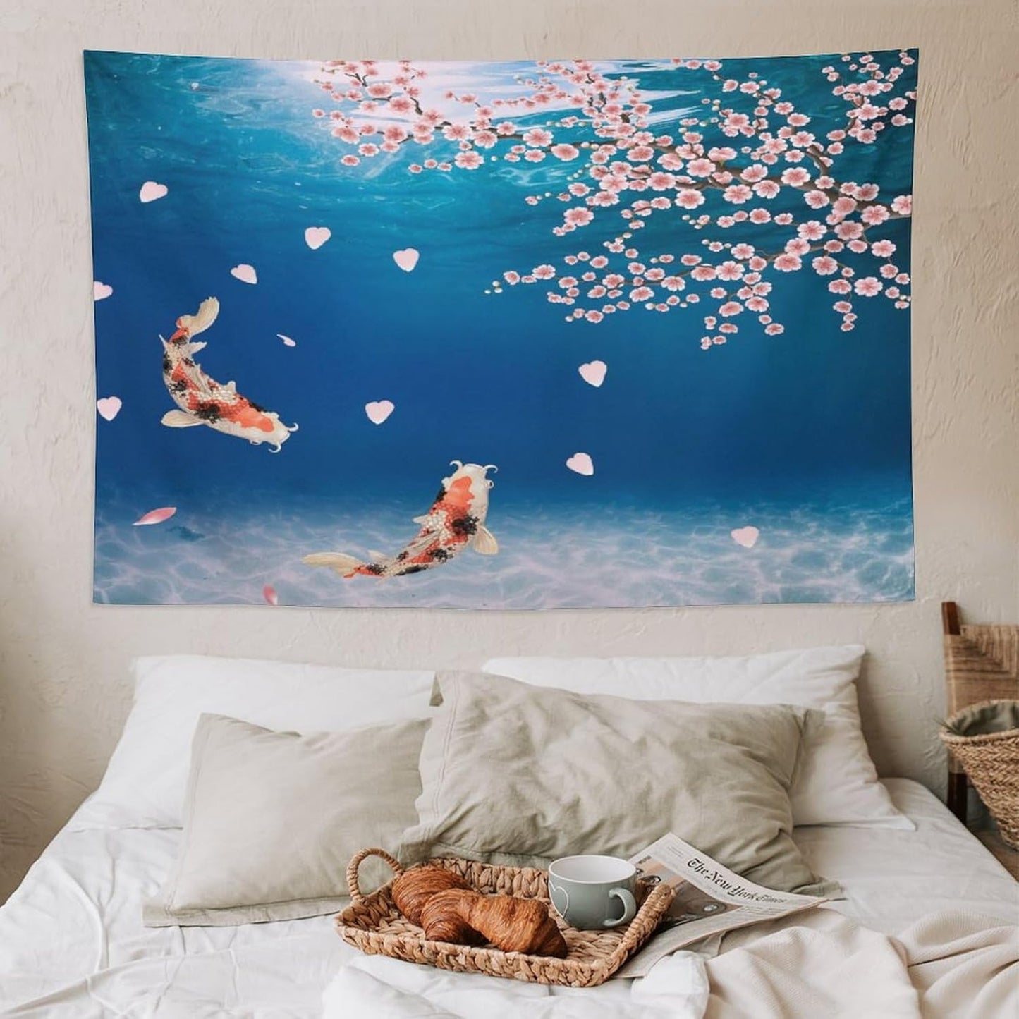 Japanese Koi Fish Tapestry, Cherry Blossoms Asian Oriental Blue Floral Branch Koi Fish Carp Tapestries Wall Hanging for Bedroom Living Room Office Decor 90"x60"