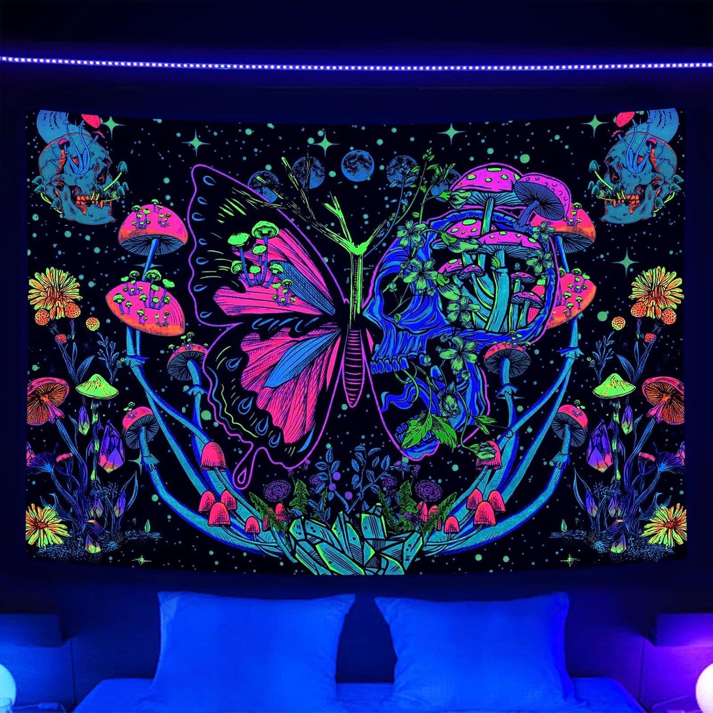 Xiaoput Blacklight Skull Butterfly Tapestry, Trippy UV Reactive Mushroom Wall Hanging Tapestries, Glow in The Dark Hippie Skeleton Aesthetic Moon Tapestry for Living Room Home Dorm Decor 40X30IN