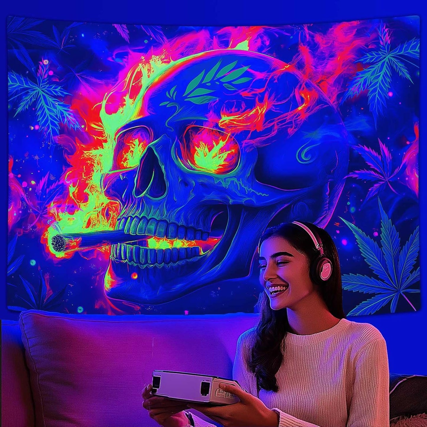 Blacklight Skeleton Tapestry, Glowing Skull UV Reactive Gothic Wall Hanging Tapestries, Glow in the Dark Grim Reaper Magic Horror Face Halloween Poster Tapestry for Bedroom Living Room Decor 90X70IN