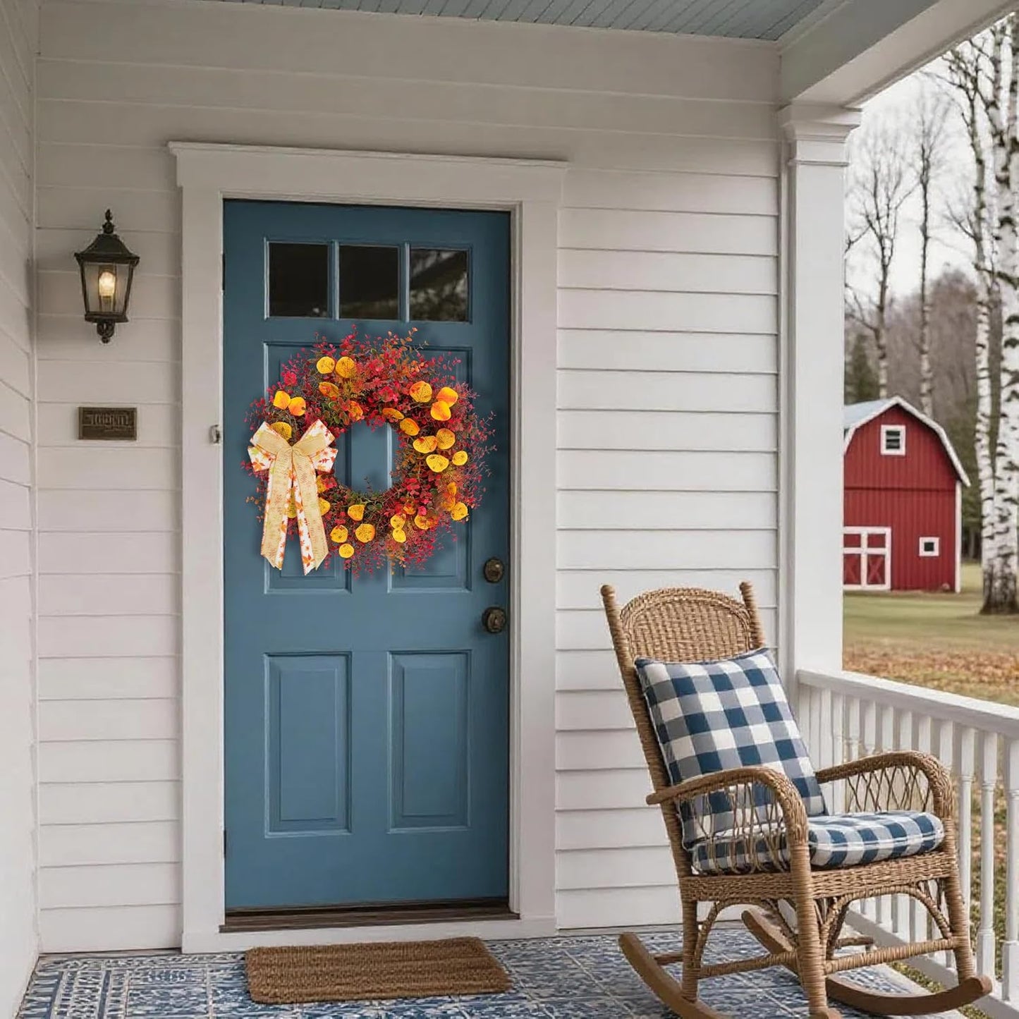 CYANBLOOM Fall Front Door Wreath: 24 Inch Large Burgundy Boxwood Eucalyptus Wreaths with Maple Bow for Rustic Farmhouse Decor - Weatherproof Outdoor Indoor All Season - Thanksgiving Halloween Decor