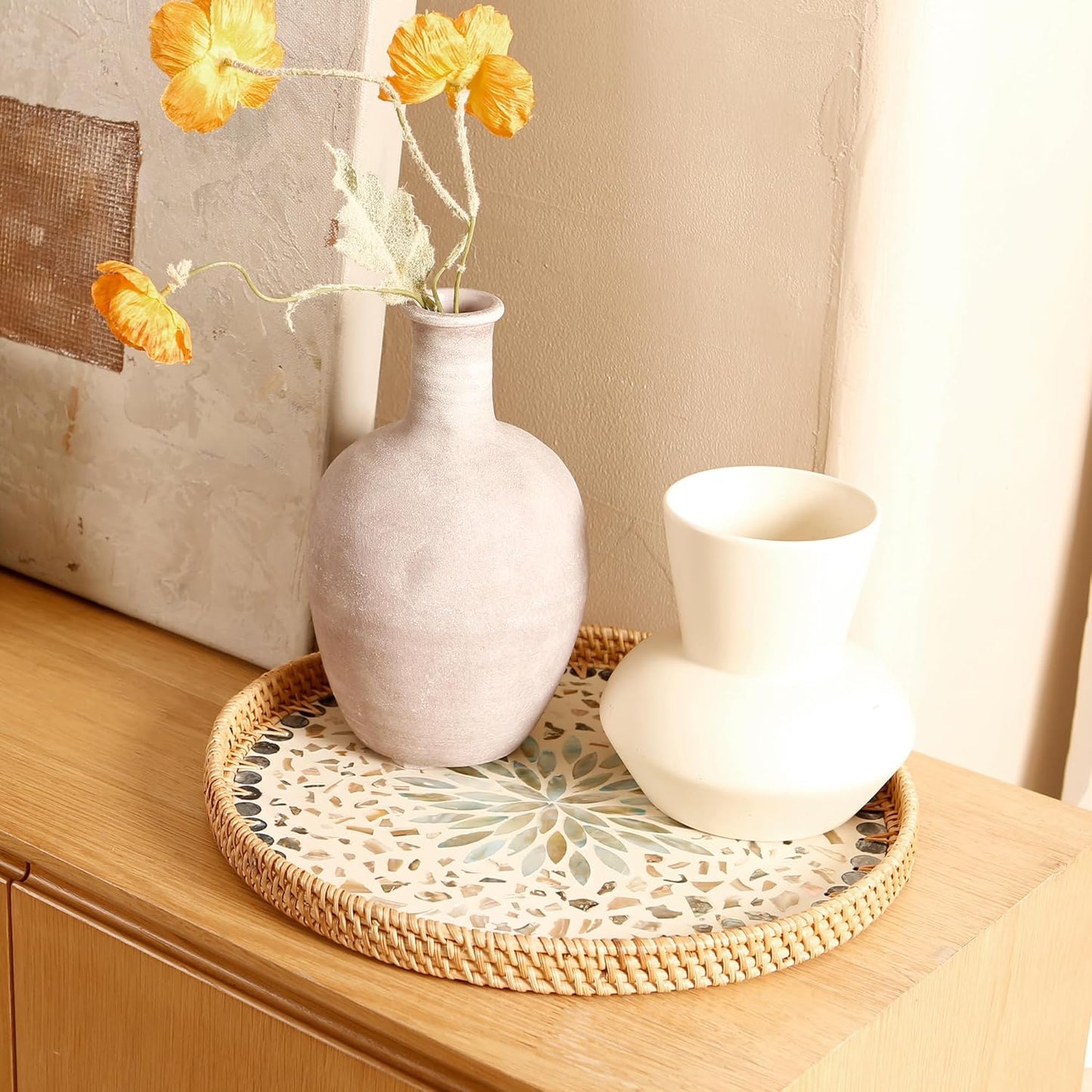 Round Rattan Tray with Mother of Pearl Inlay & Wooden Base - Decorative Wicker Serving Tray for Coffee/Bread/Fruits, Food Storage & Display - Multipurpose Home Decor (M,Fish Scales)