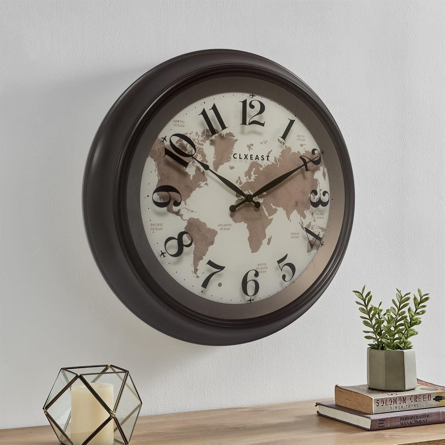 CLXEAST 18 Inch Illuminated Wall Clock with Smart LED Light Sensor, Large Modern World Map Wall Clocks for Living Room Decor,Oil Rubbed Bronze,Unique House Warming Gifts