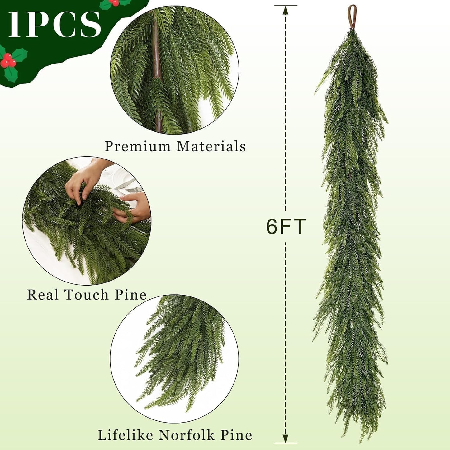 6FT Christmas Norfolk Pine Garland -1PCS, Artificial Pine Needles Garlands Faux Greenery Fake Garland for Holiday Fireplace,Table,Window,Stairs,Mante,Indoor Outdoor Decor