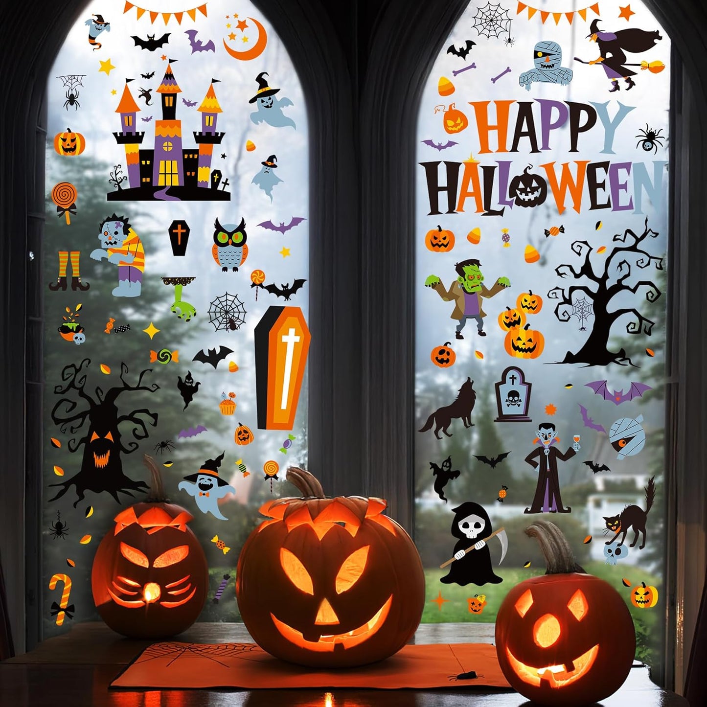115PCS Halloween Window Clings, 9 Sheets Halloween Decorations, Cute Witch Tree Zombie Ghost Patterns PVC Window Stickers for Treat or Trick Party Favors Decal Supplies Decor Accessories