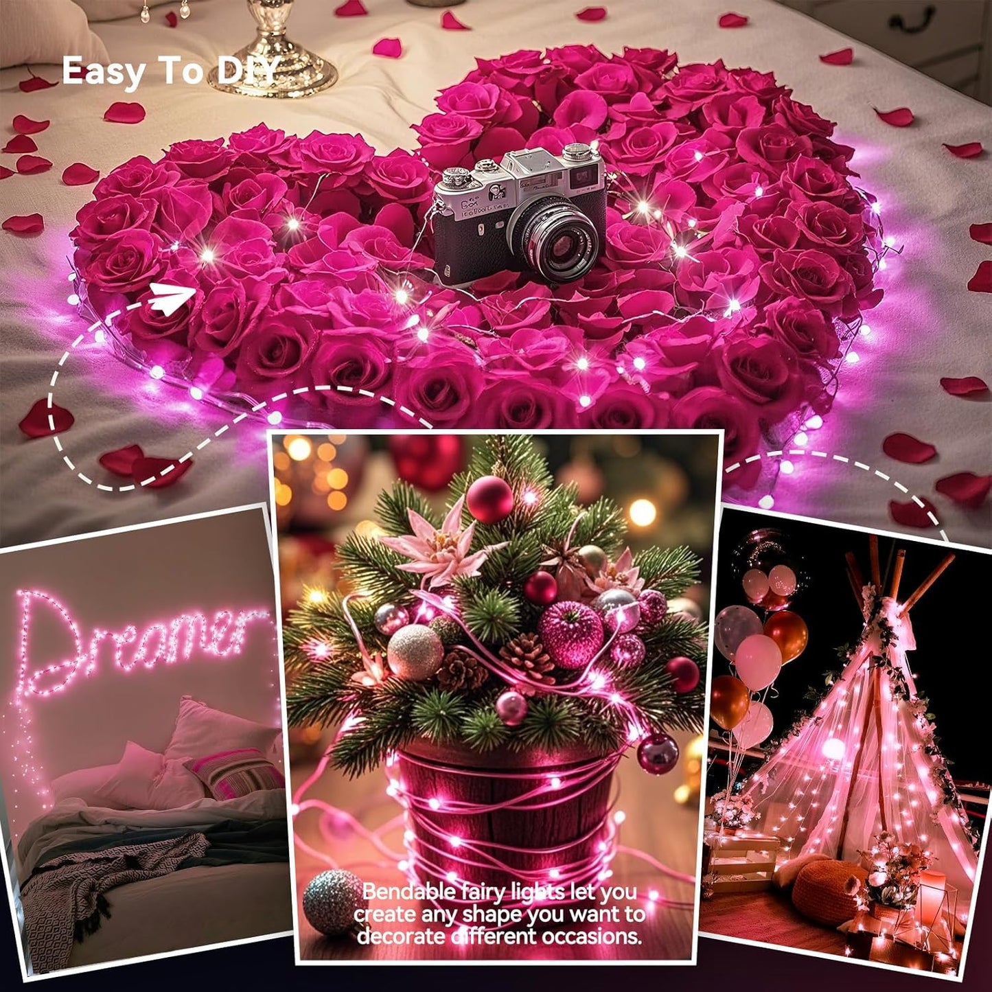 4 Pack 60LED Christmas Fairy Lights Battery Operated - 20FT Twinkle Lights with 2 Lighting Modes Indoor Outdoor, Waterproof Led Fairy String Lights for Bedroom, Wedding, Dorm, DIY Decor, Pink