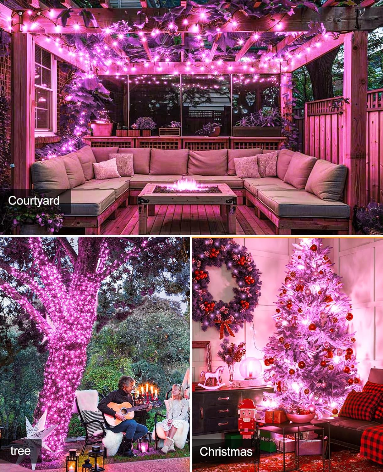 197FT 600 LED Christmas Lights Outdoor, Plug in Christmas Tree Lights 8 Modes, Waterproof Green Wire String Twinkle Lights for Indoor House Patio Garden Party Wedding Holiday Decorations, Pink