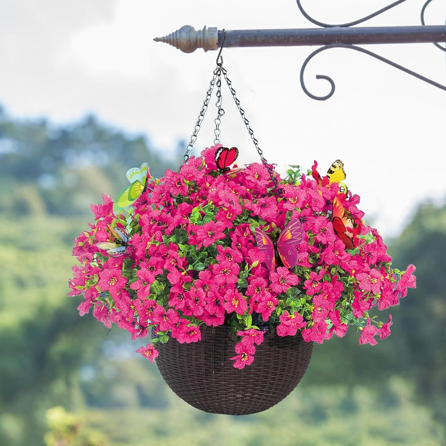 20 Bundles Artificial Flowers for Outdoors with 6 Faux Butterflies, UV Resistant Fake Flowers with Eucalyptus Leaves, Artificial Plants Outdoor for Patio Garden Porch Home Decor (Rose Red)