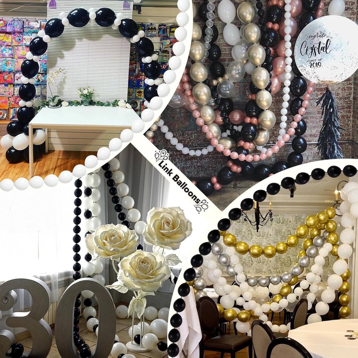 Black and White Quick Link Balloons, 100PCS Latex Linking Balloons for Making Balloon Wall Balloon Arch Balloon Chains and Wedding Birthday Baby Shower Engagement Graduation Party Decorations (6inch)