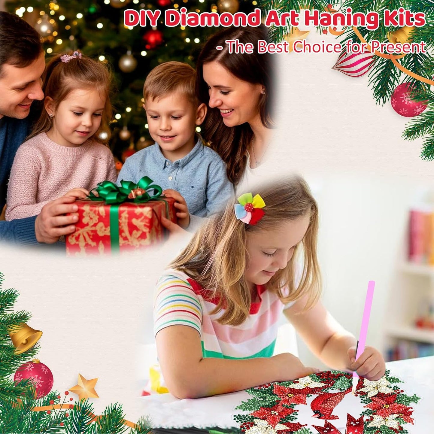 MEIYUDA Christmas Diamond Art Hanging Kits for Adult, Cardinal Wreath Diamond Painting Hanging Kits Ornaments, DIY Special Shaped Rhinestone Window Pendants kit for Home Garden Wall Decor Gift