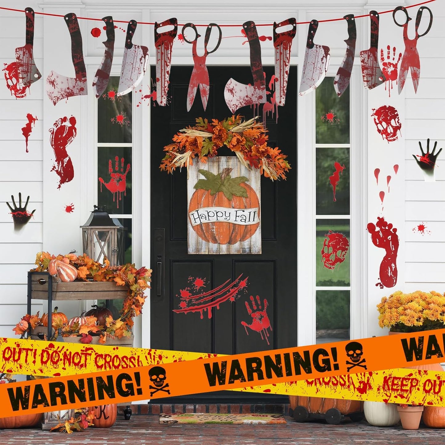 Halloween Decorations, 5 Sheets Wall Decals-Bloody Handprint Stickers, 2 Pack Halloween Banners and 2 PCS Caution Tape Rolls 3inx30ft for Indoor, Outdoor, Party Decor, Haunted Mansion