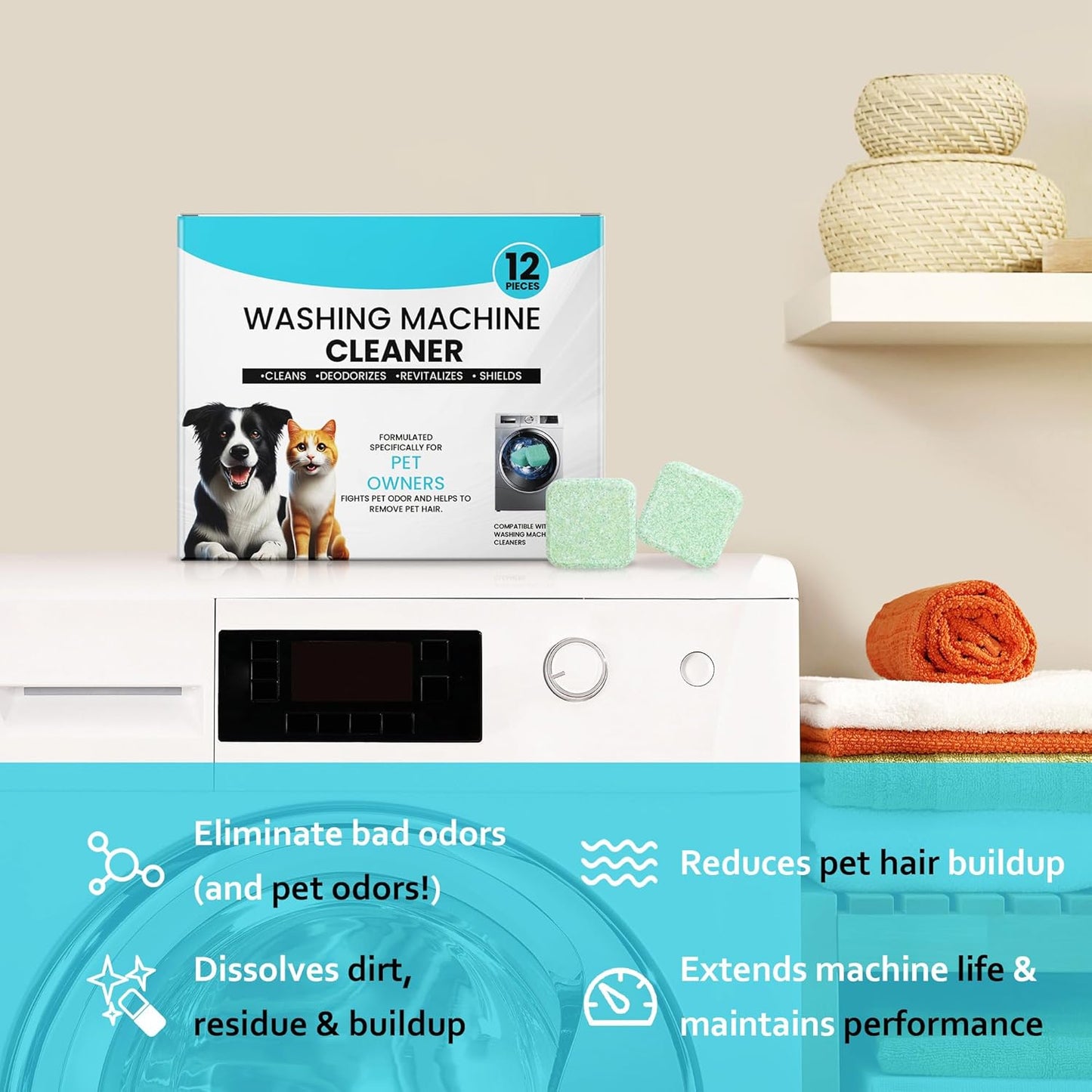 Washer Machine Cleaner Tablets-24Pack-12 Month Supply,Formulated for Pet Owners Washing Machine Cleaner,Compatible with HE,Easily pet hair remover for laundry.Top & Front Load Washer.Septic Safe.
