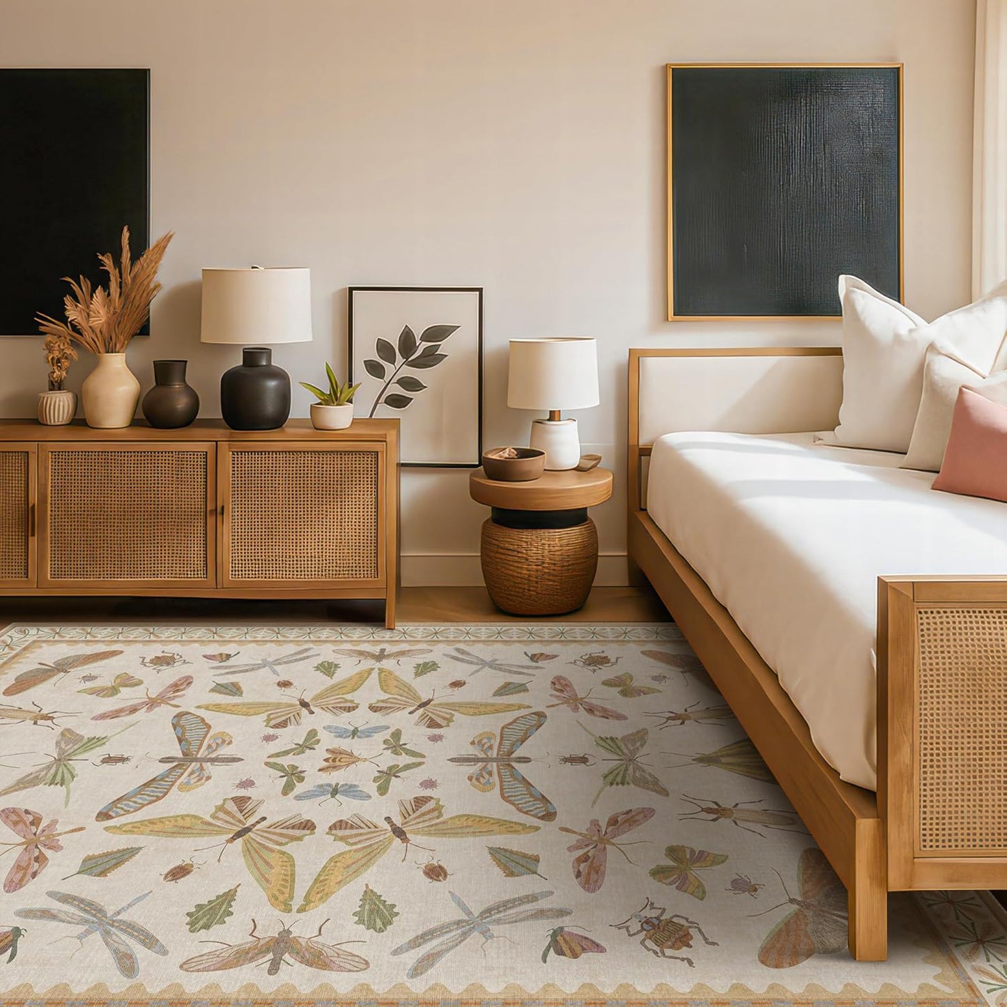 Beige and Yellow 5x7 Boho Rug for Living Room - Foyer Rugs for Entryway, Bedroom, Nursery Room, Insect Butterfly Bug Print, Washable Stain Resistant Home Décor