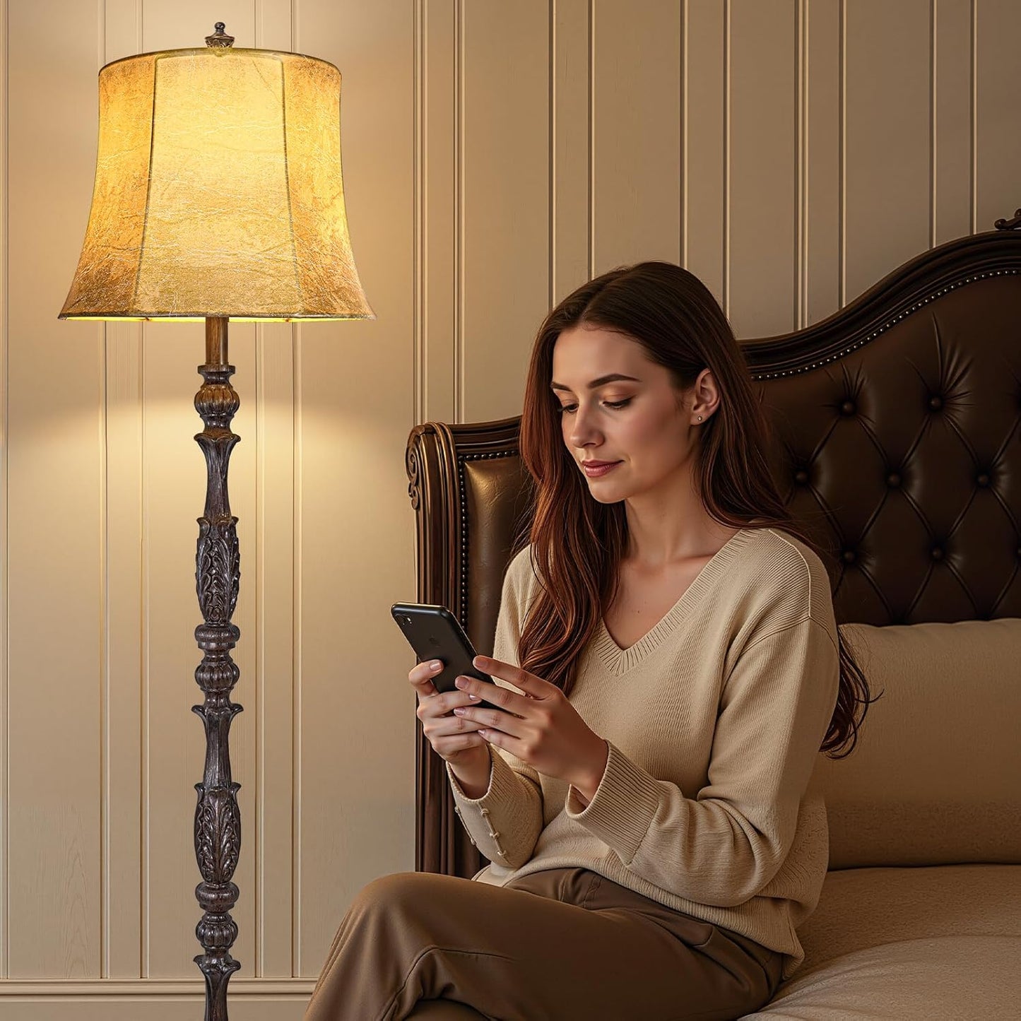 Scenekoy Vintage 66” Tall Floor Lamp for Living Room Bedroom, Retro Resin Carved Standing Lamp with Faux Leather Shade, 3-Way Dimmable Bulb, Rotary Switch Rustic Corner Light for Home Decor