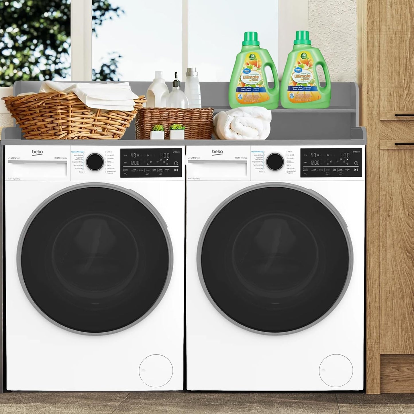 Royxen Laundry Countertop with 2-Tier Shelf Universal Fit, Washer and Dryer Countertop with Storage Space, Shelf Height 11.5 Inches, Solid Wood, Grey